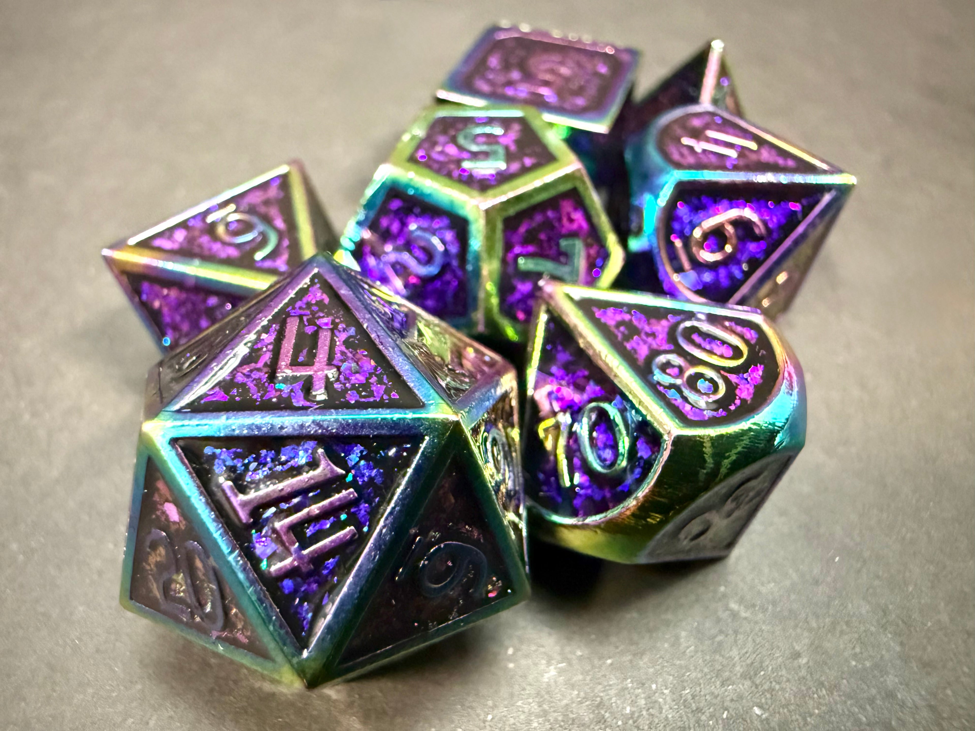 Purple Glitter and Multicolour Solid Metal Dice Set 7PCS