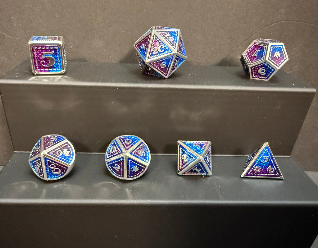 Purple -Blue and Silver Solid Metal Dragon Skin Dice Set 7PCS