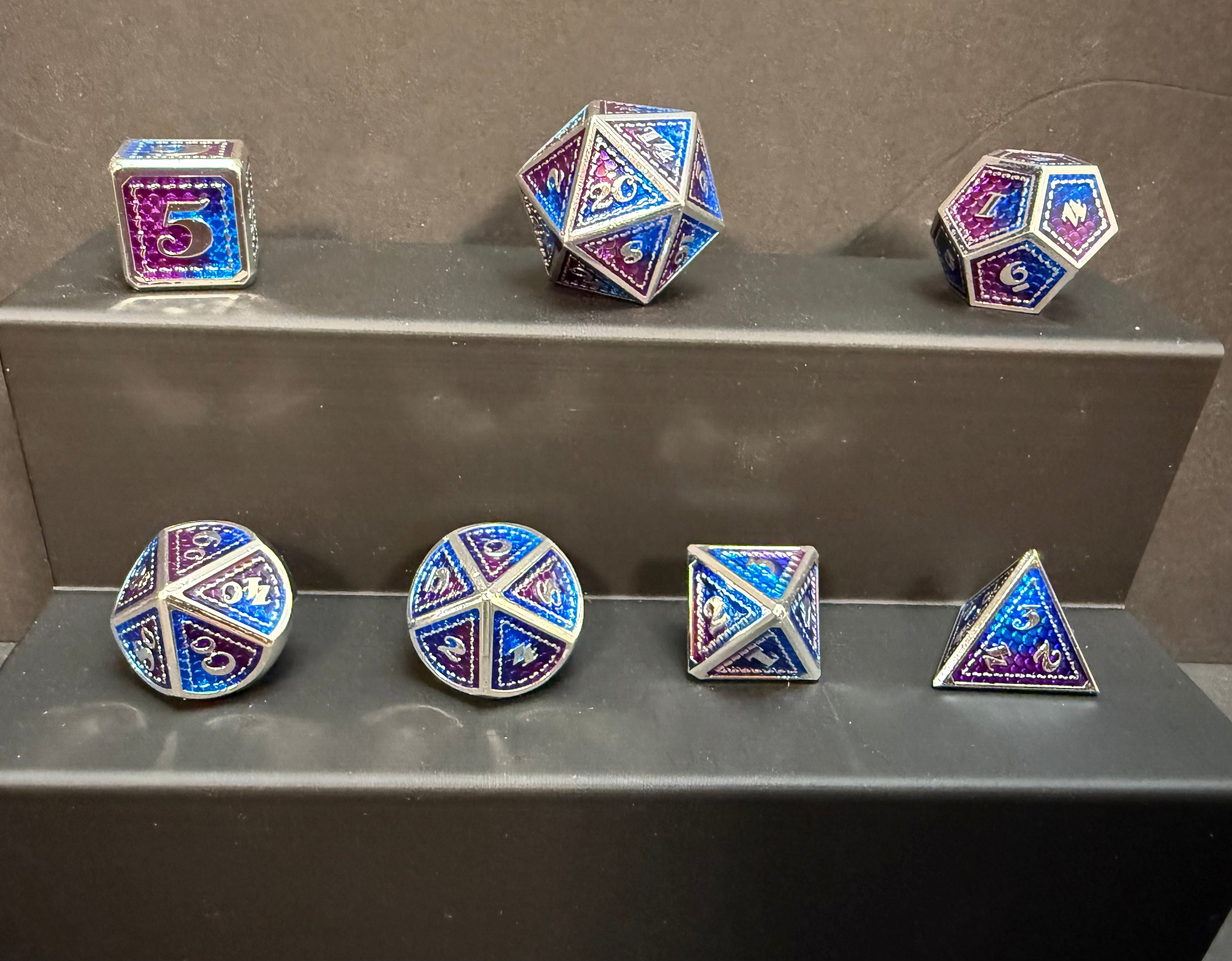 Purple -Blue and Silver Solid Metal Dragon Skin Dice Set 7PCS