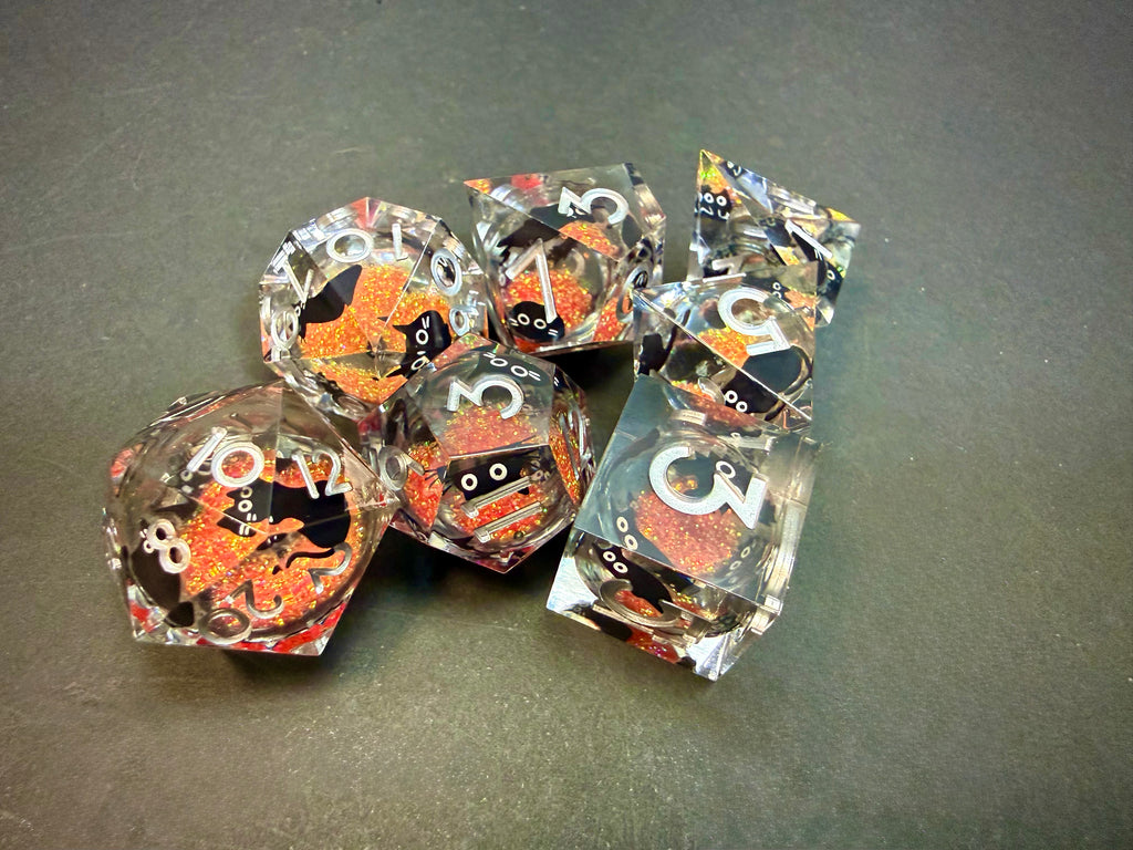 Black Cat & Orange Glitter Liquid Core Resin Dice Set 7PCS