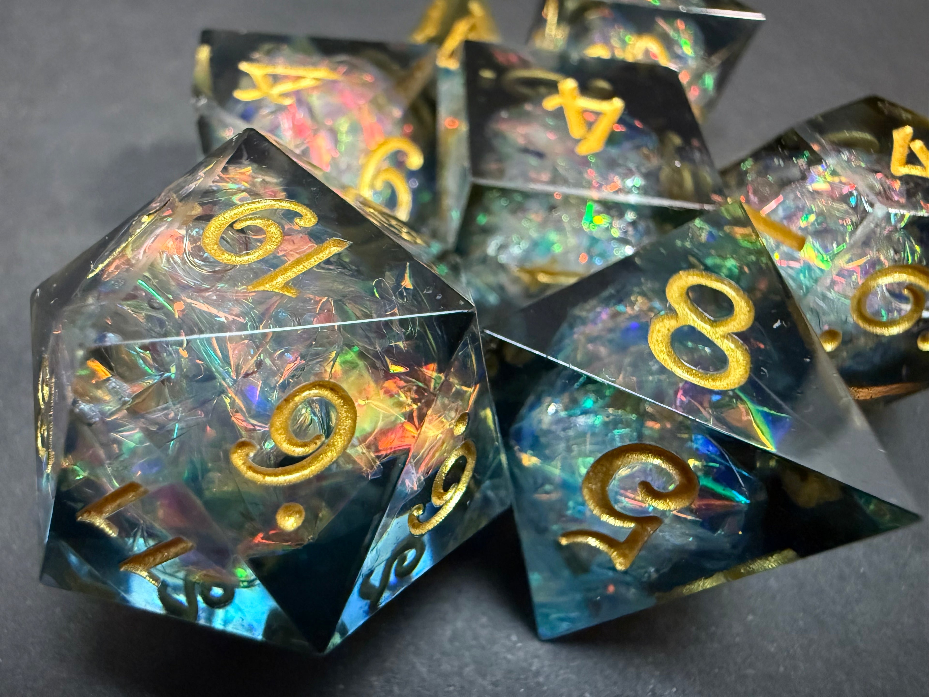 Transparent Reflective (Gold Lettering) Sharp Edge Resin Dice Set 7PCS