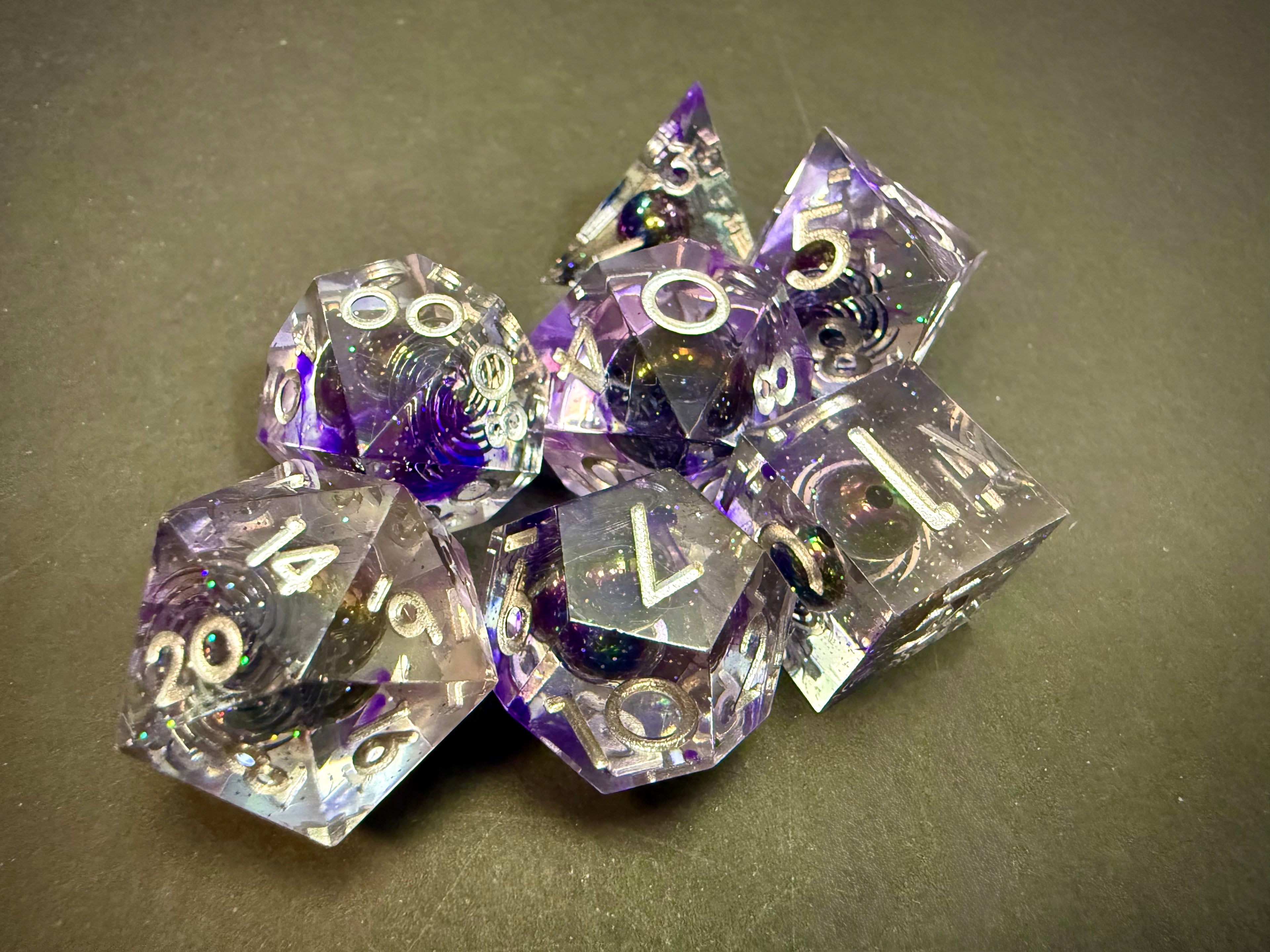 Purple Galaxy Resin Dice Set Gold Numbers 7PCS