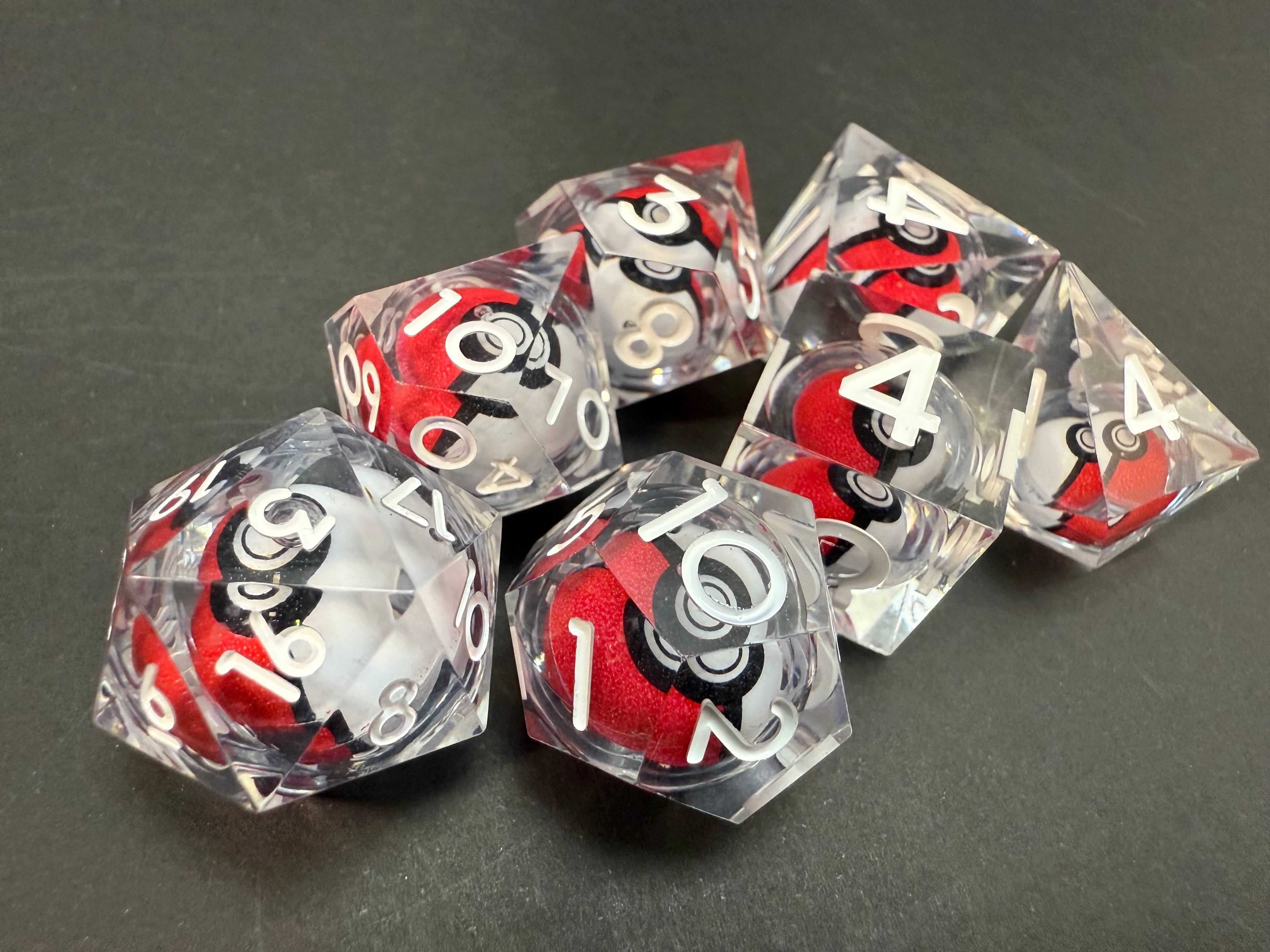 Pokemon Pokeball Rotating Resin Dice Set White Numbers 7PCS