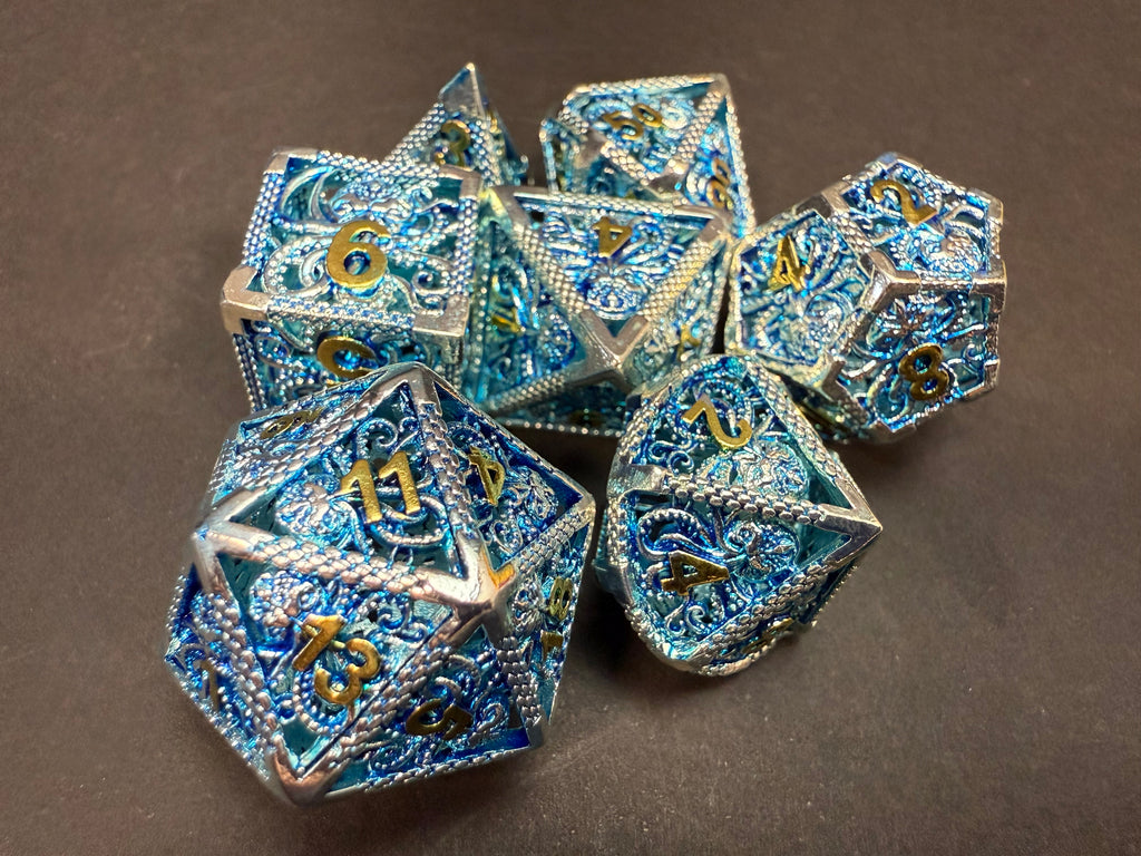 Blue & Silver Metal Octopus Design Dice Set 7PCS