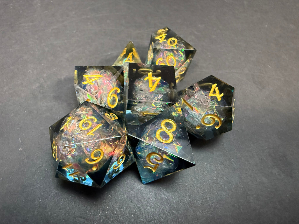 Transparent Reflective (Gold Lettering) Sharp Edge Resin Dice Set 7PCS