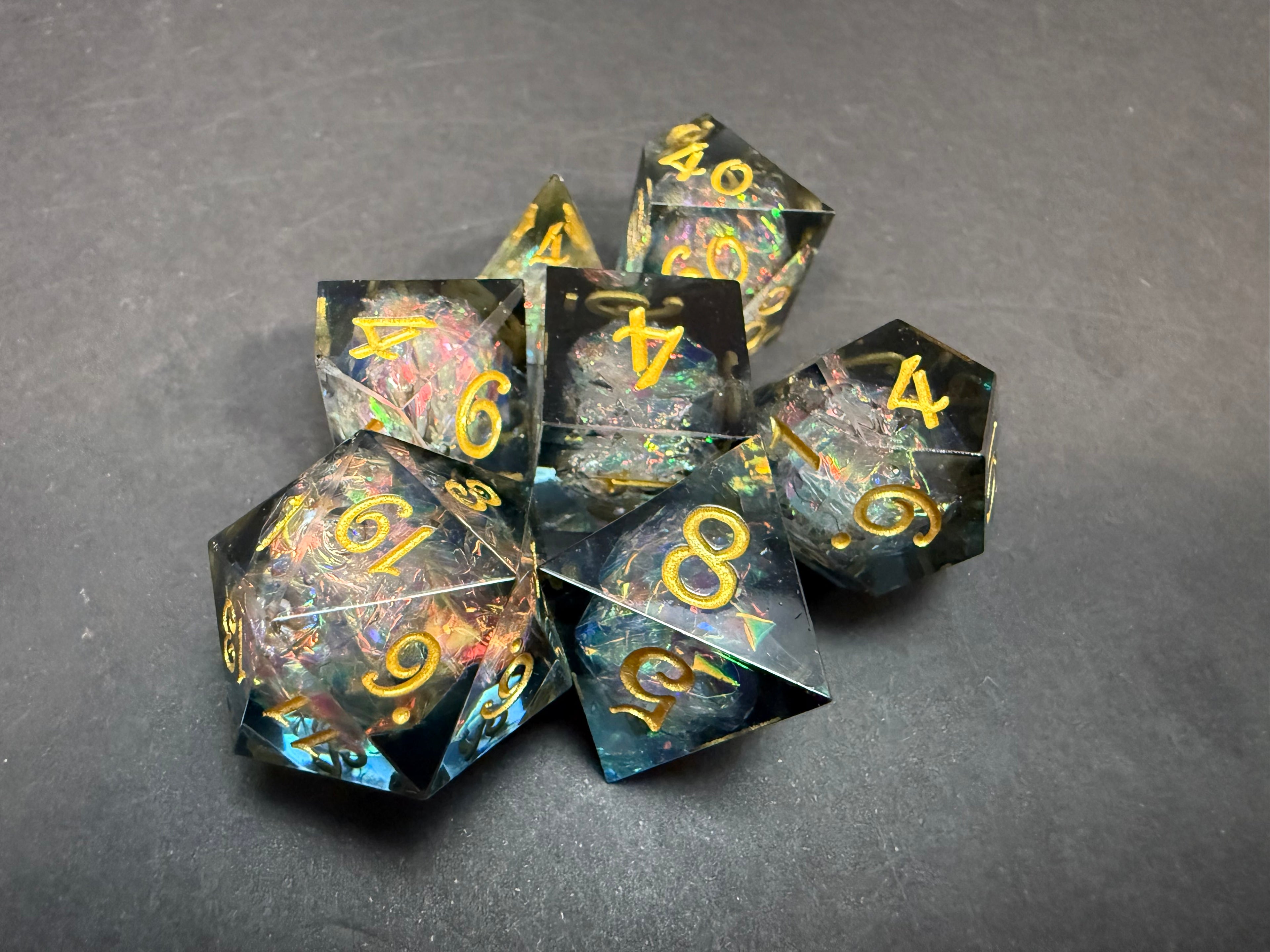 Transparent Reflective (Gold Lettering) Sharp Edge Resin Dice Set 7PCS