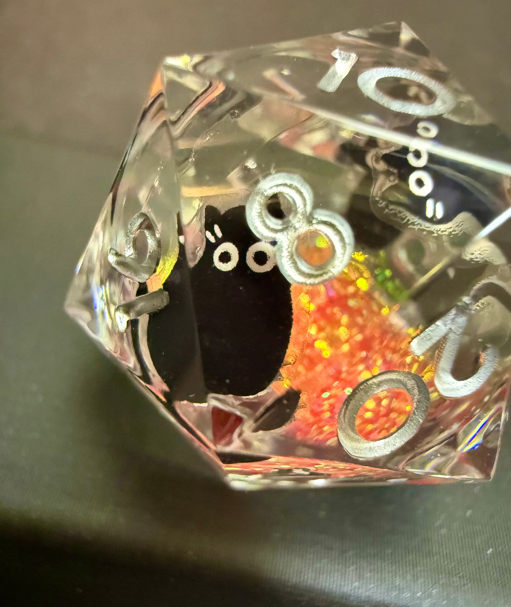 Black Cat & Orange Glitter Liquid Core Resin Dice Set 7PCS