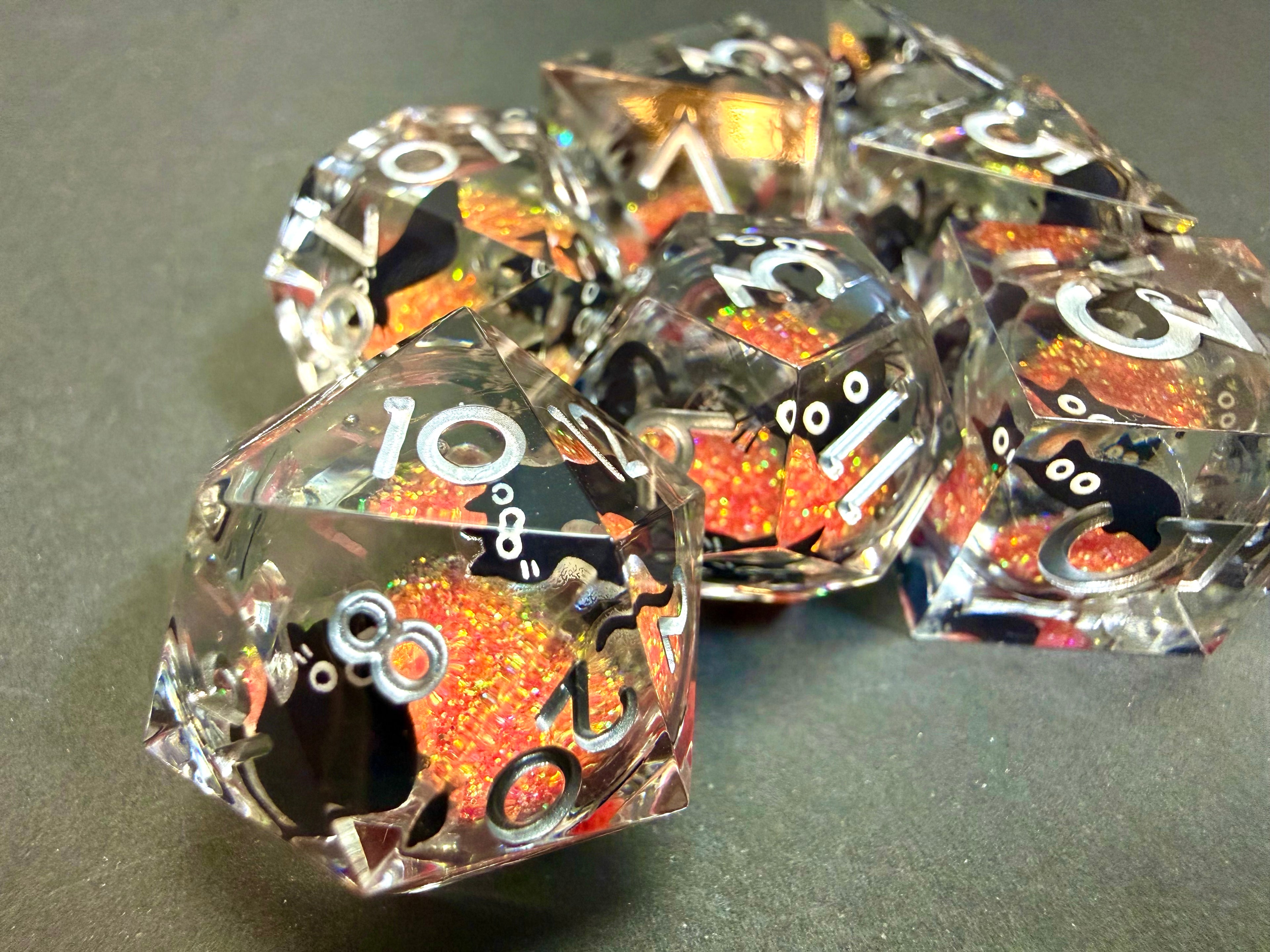 Black Cat & Orange Glitter Liquid Core Resin Dice Set 7PCS