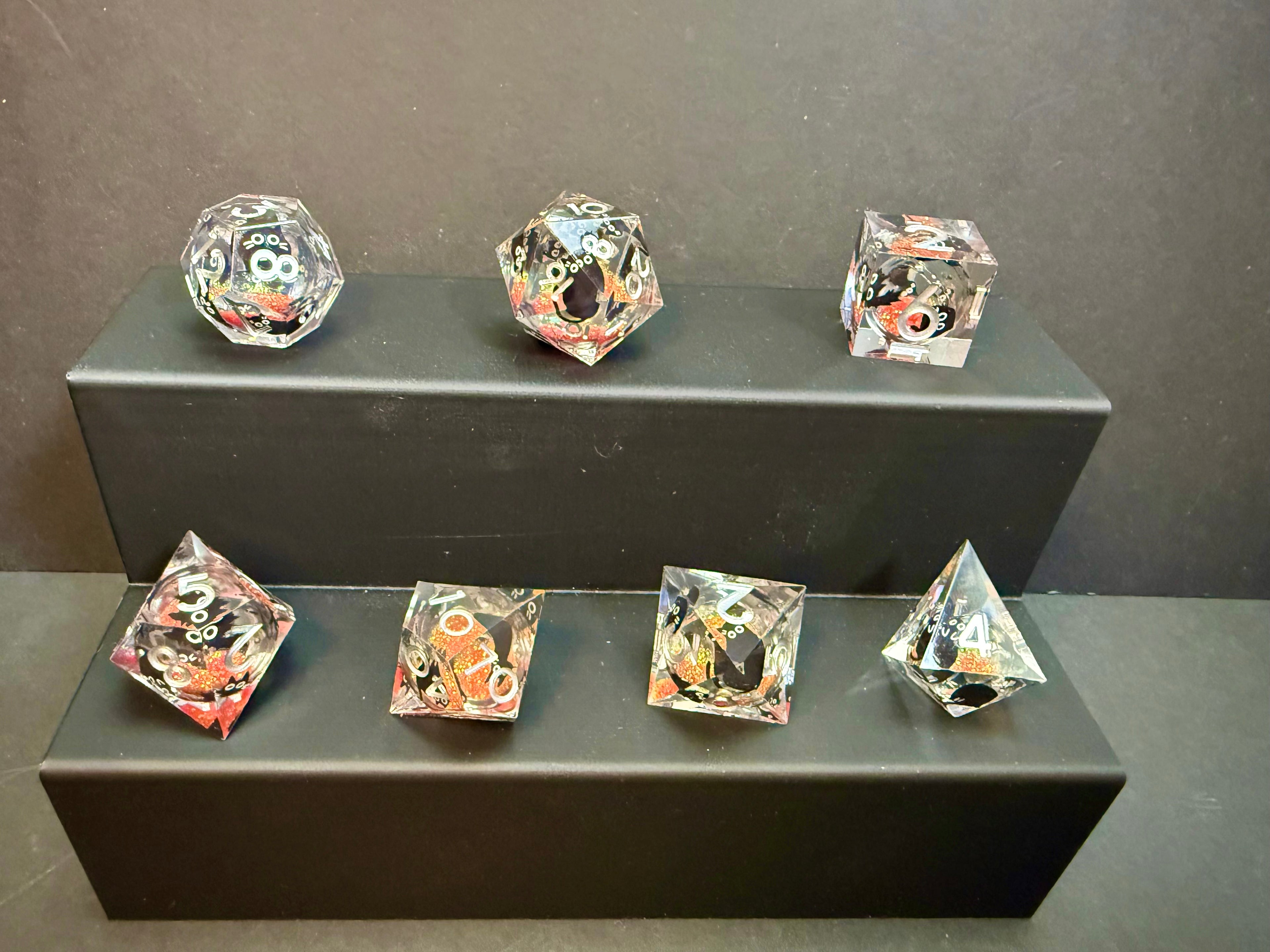 Black Cat & Orange Glitter Liquid Core Resin Dice Set 7PCS