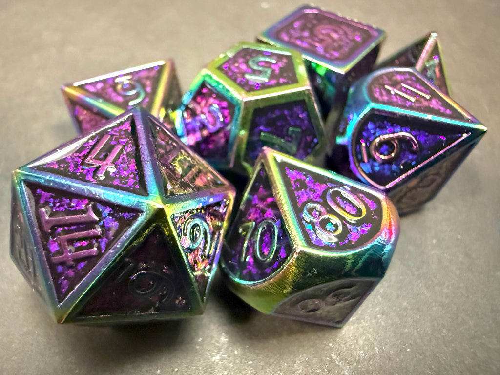 Purple Glitter and Multicolour Solid Metal Dice Set 7PCS