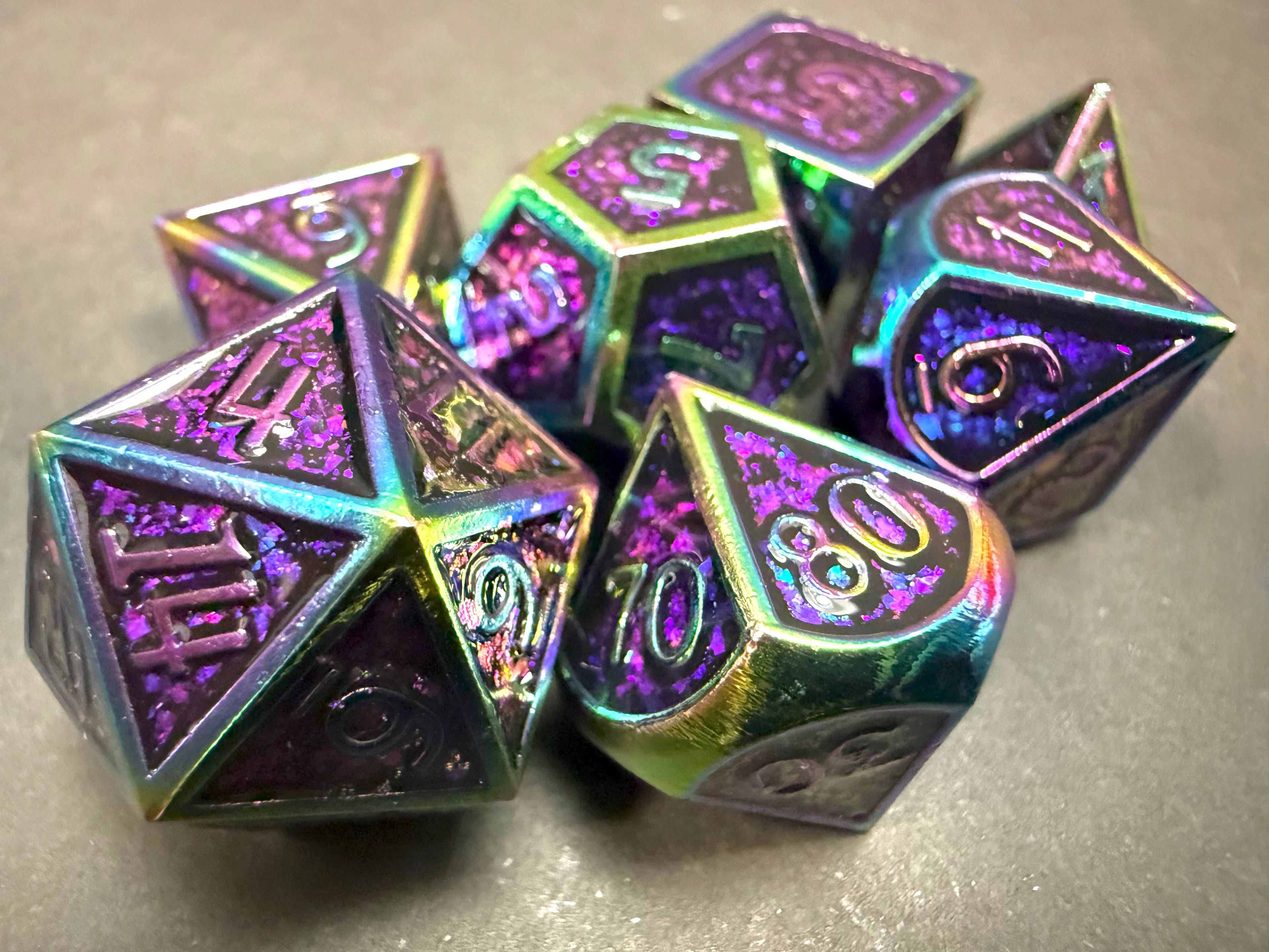 Purple Glitter and Multicolour Solid Metal Dice Set 7PCS