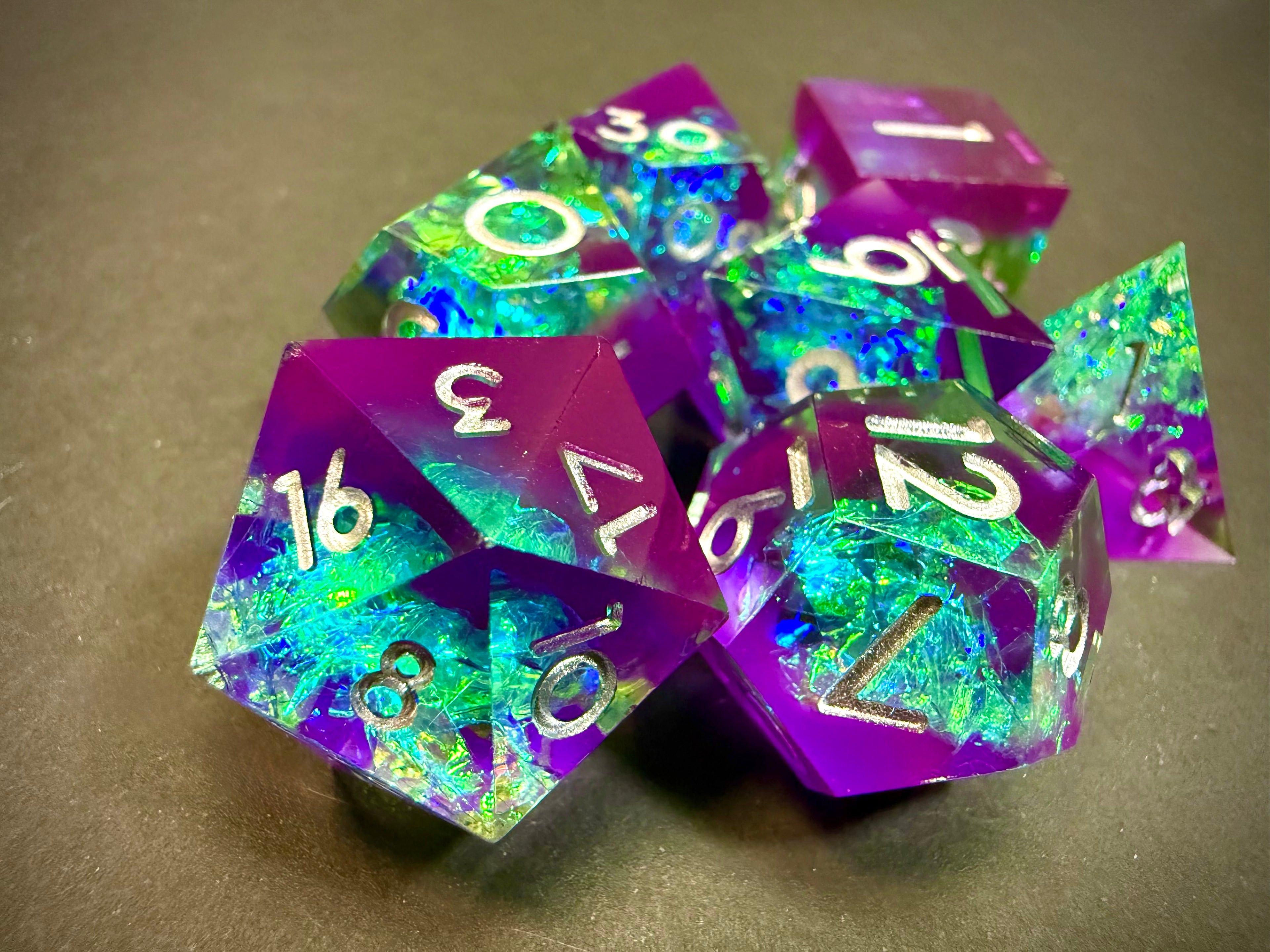 Purple & Green Resin Dice Set 7PCS