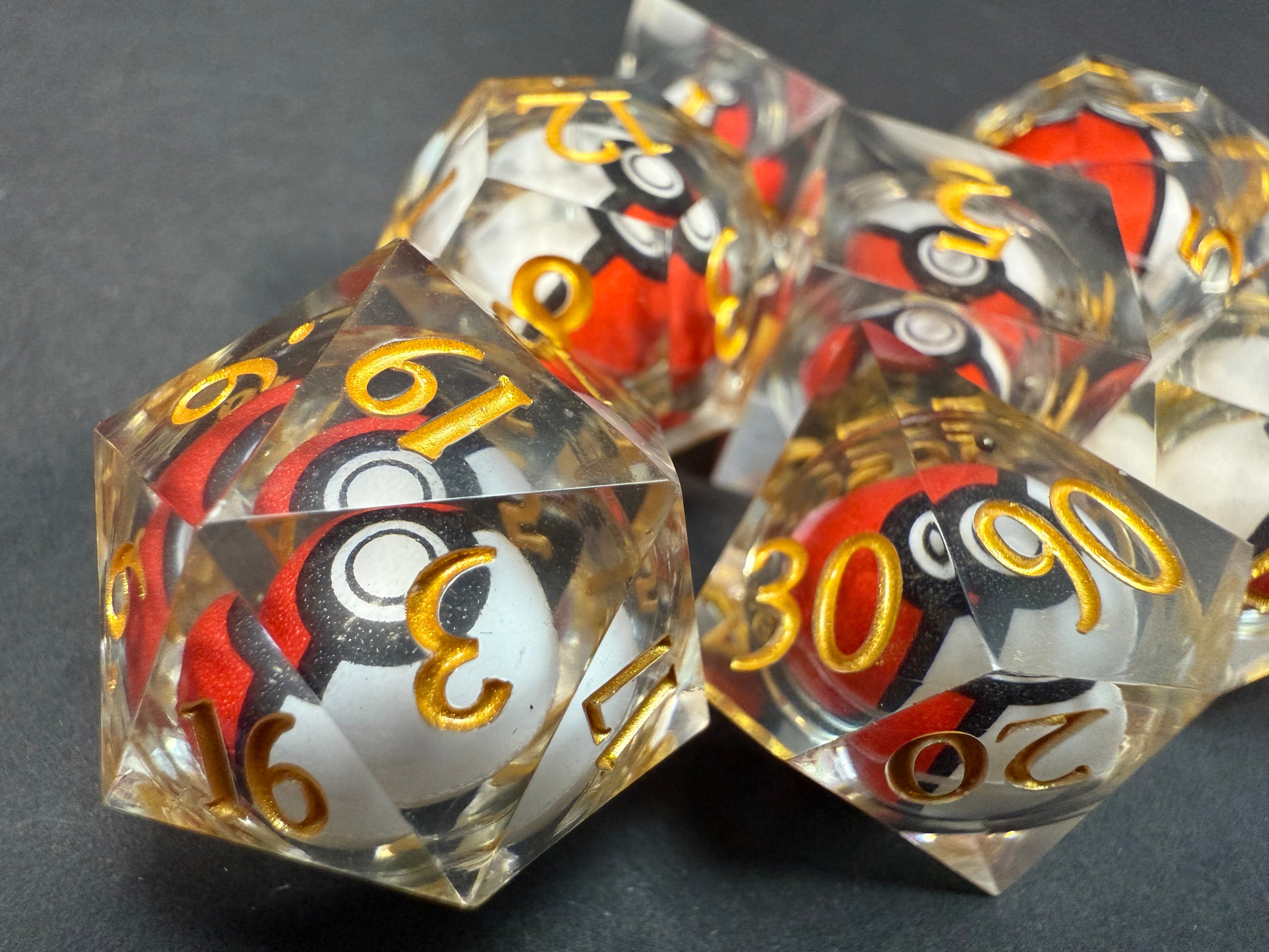 Pokemon Pokeball Rotating Resin Dice Set Gold Numbers 7PCS