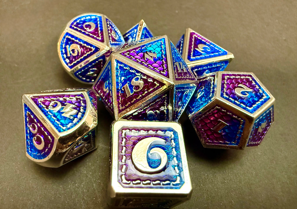 Purple -Blue and Silver Solid Metal Dragon Skin Dice Set 7PCS
