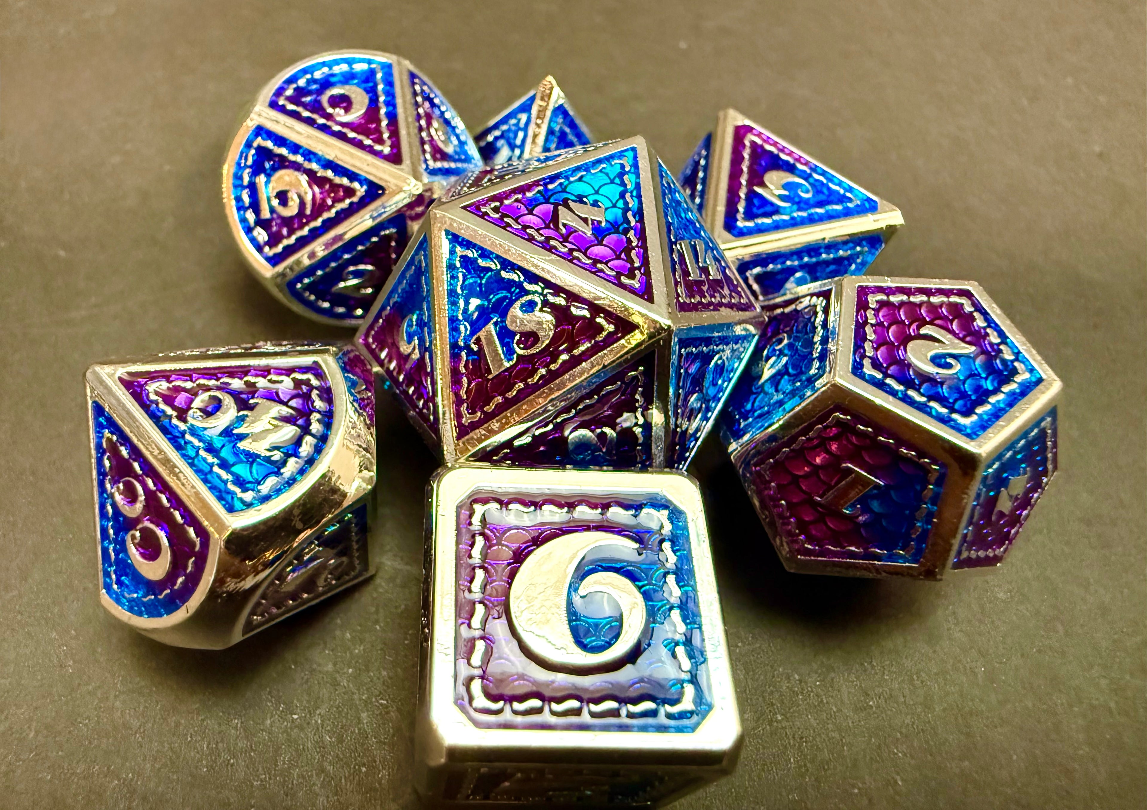 Purple -Blue and Silver Solid Metal Dragon Skin Dice Set 7PCS