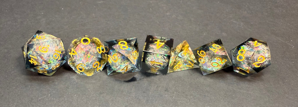 Transparent Reflective (Gold Lettering) Sharp Edge Resin Dice Set 7PCS