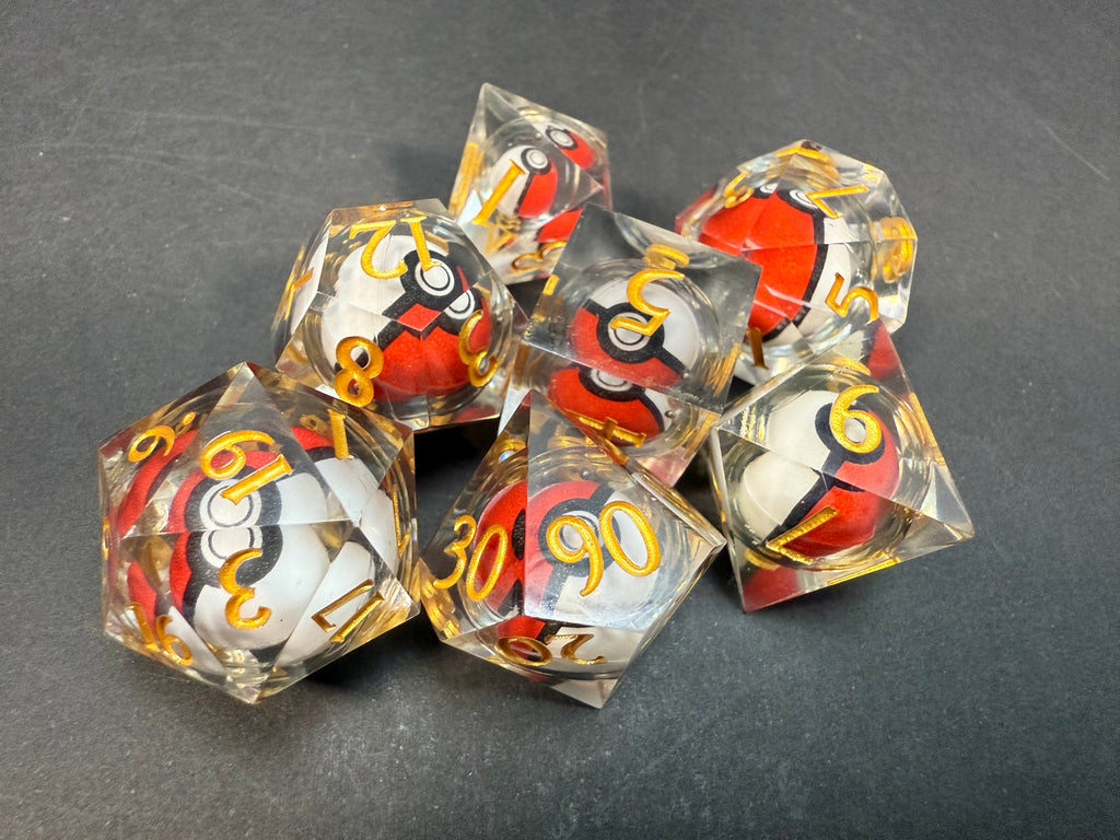 Pokemon Pokeball Rotating Resin Dice Set Gold Numbers 7PCS
