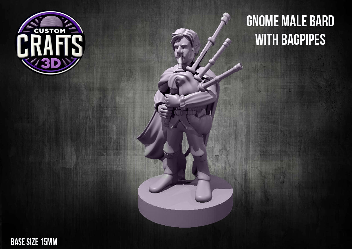 Gnome Male Bard with Bagpipes 15mm Base