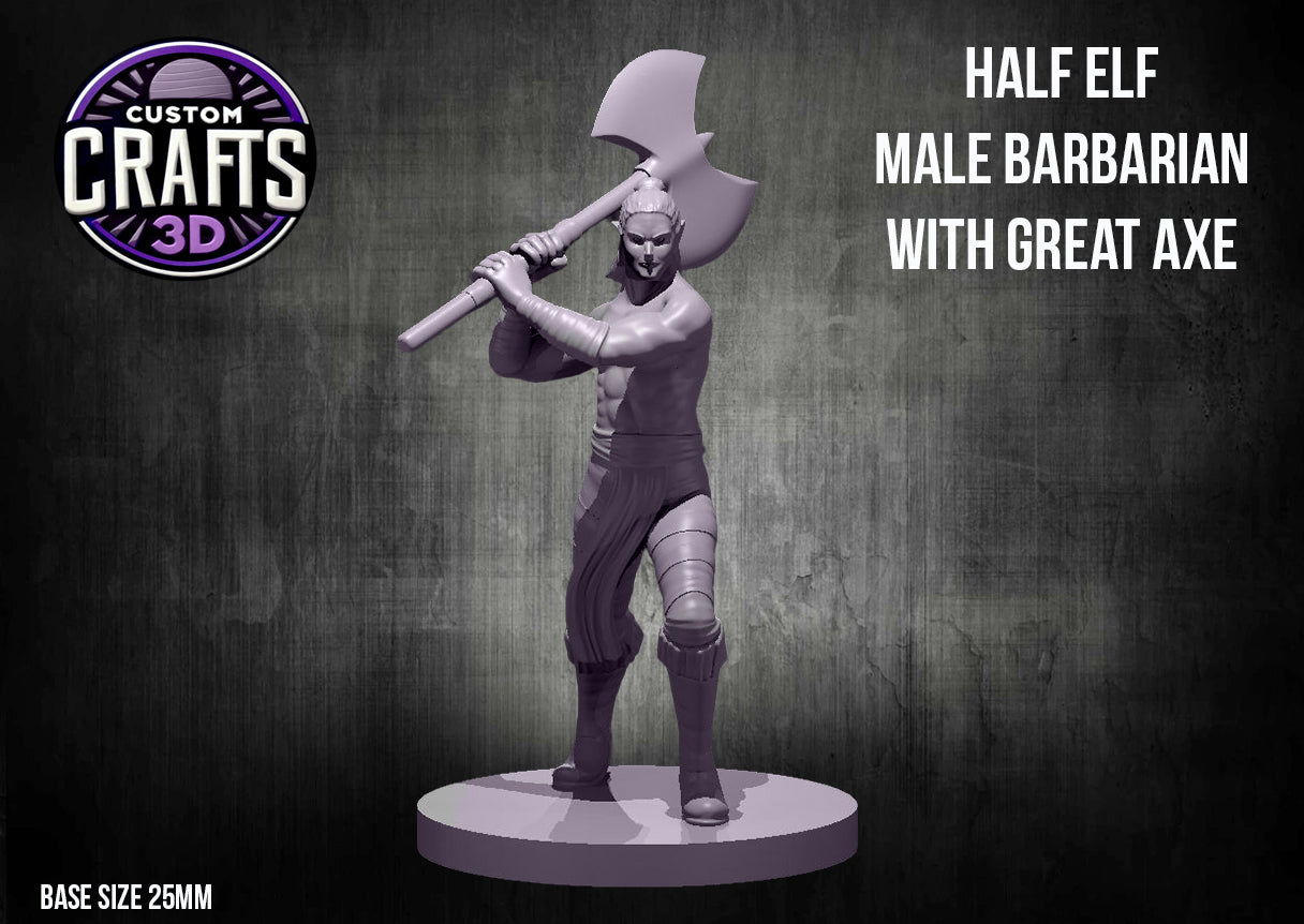 Half Elf Male Barbarian with Great Axe 25mm Base
