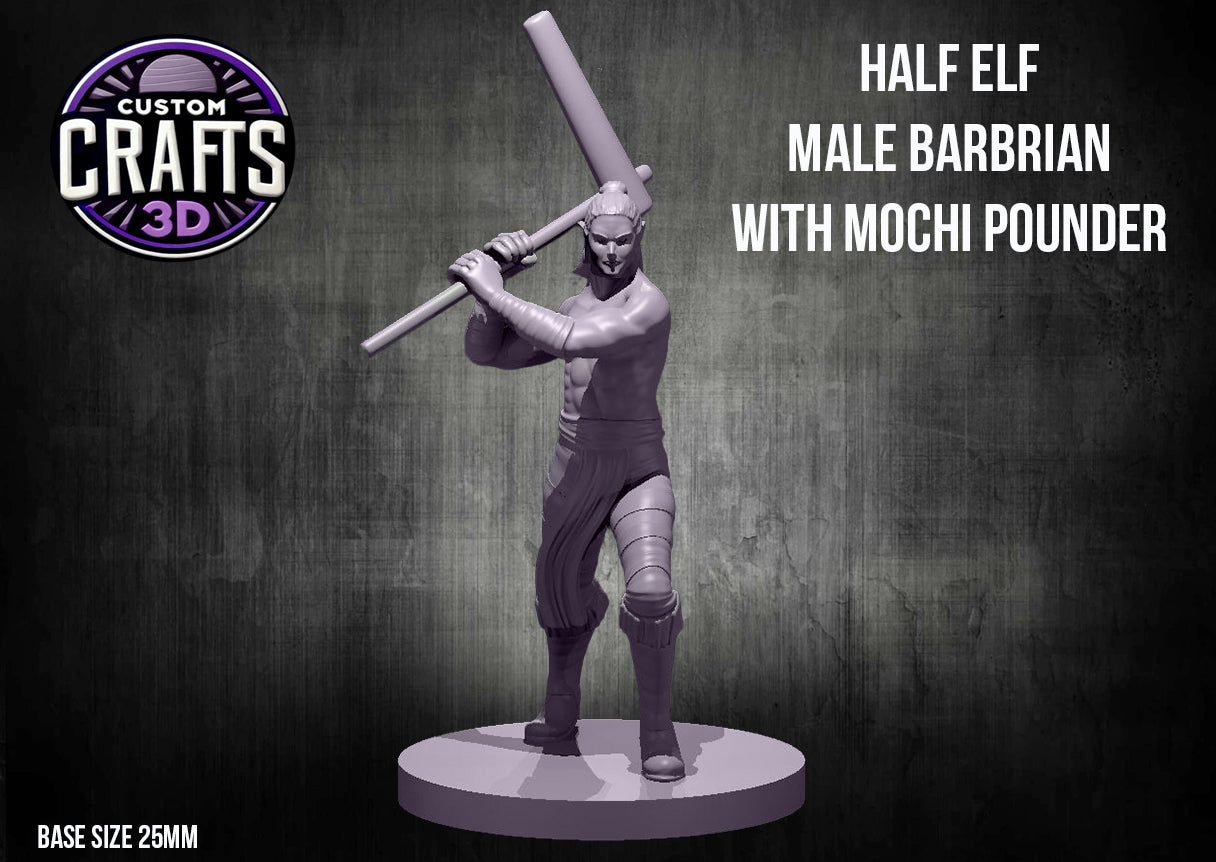 Half Elf Male Barbarian with Mochi Pounder 25mm Base