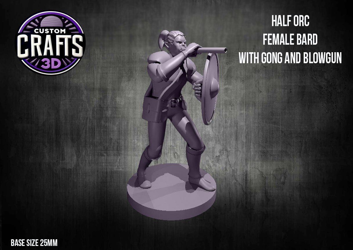Half Orc Female Bard with Gong & Blowgun 25mm Base