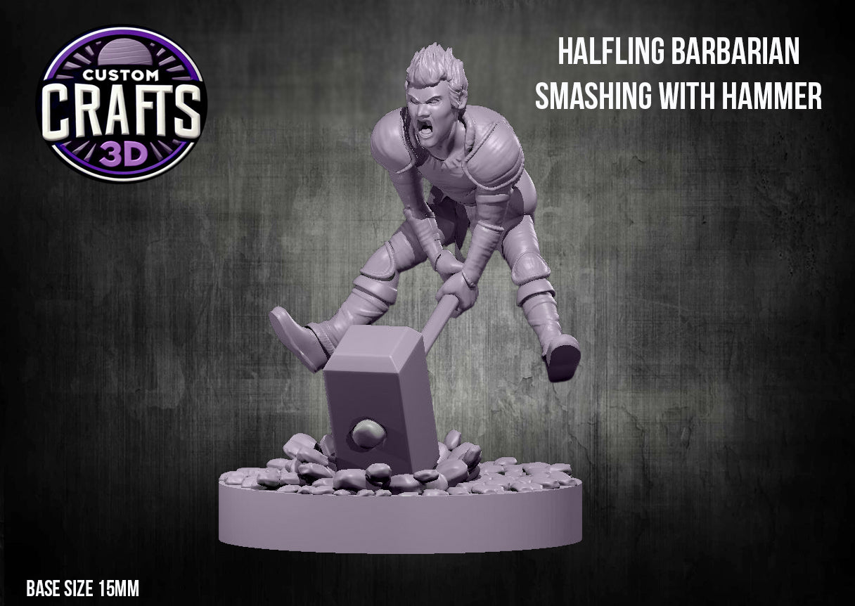 Halfling Barbarian Smashing with Hammer 15mm Base