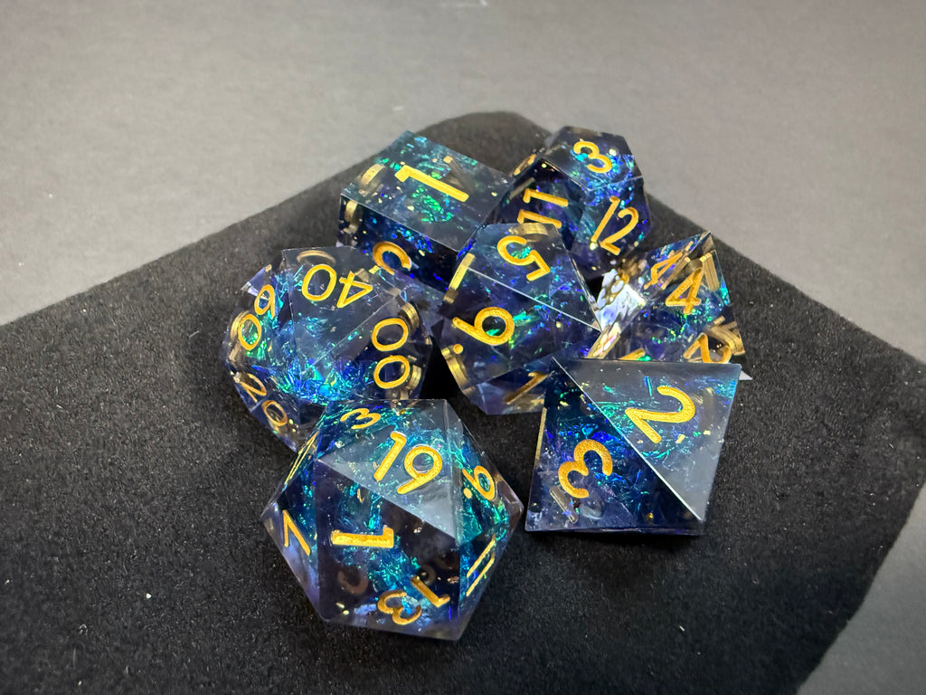 Blue & Gold Sharp Edge Resin Dice Set 7PCS