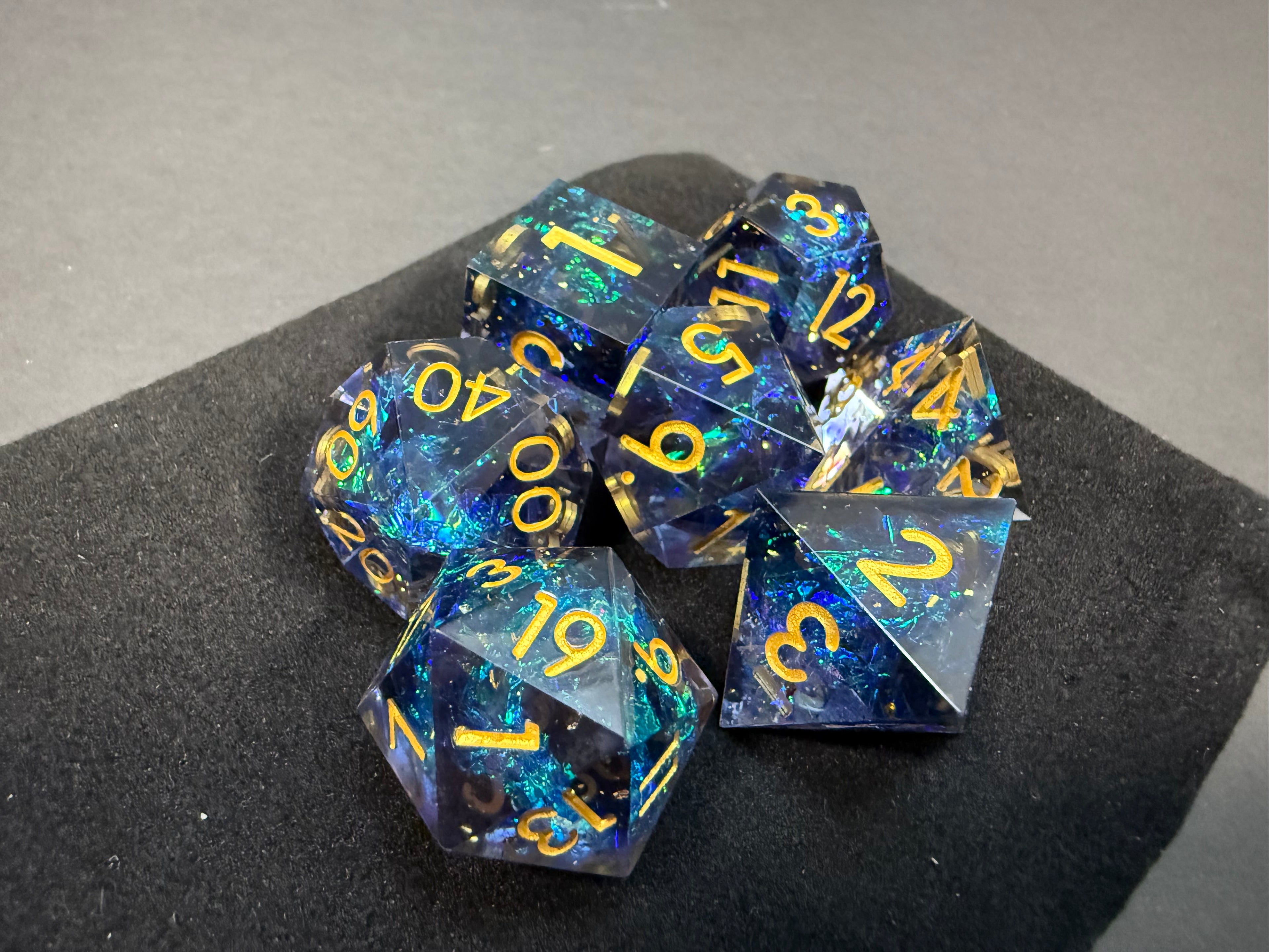 Blue & Gold Sharp Edge Resin Dice Set 7PCS