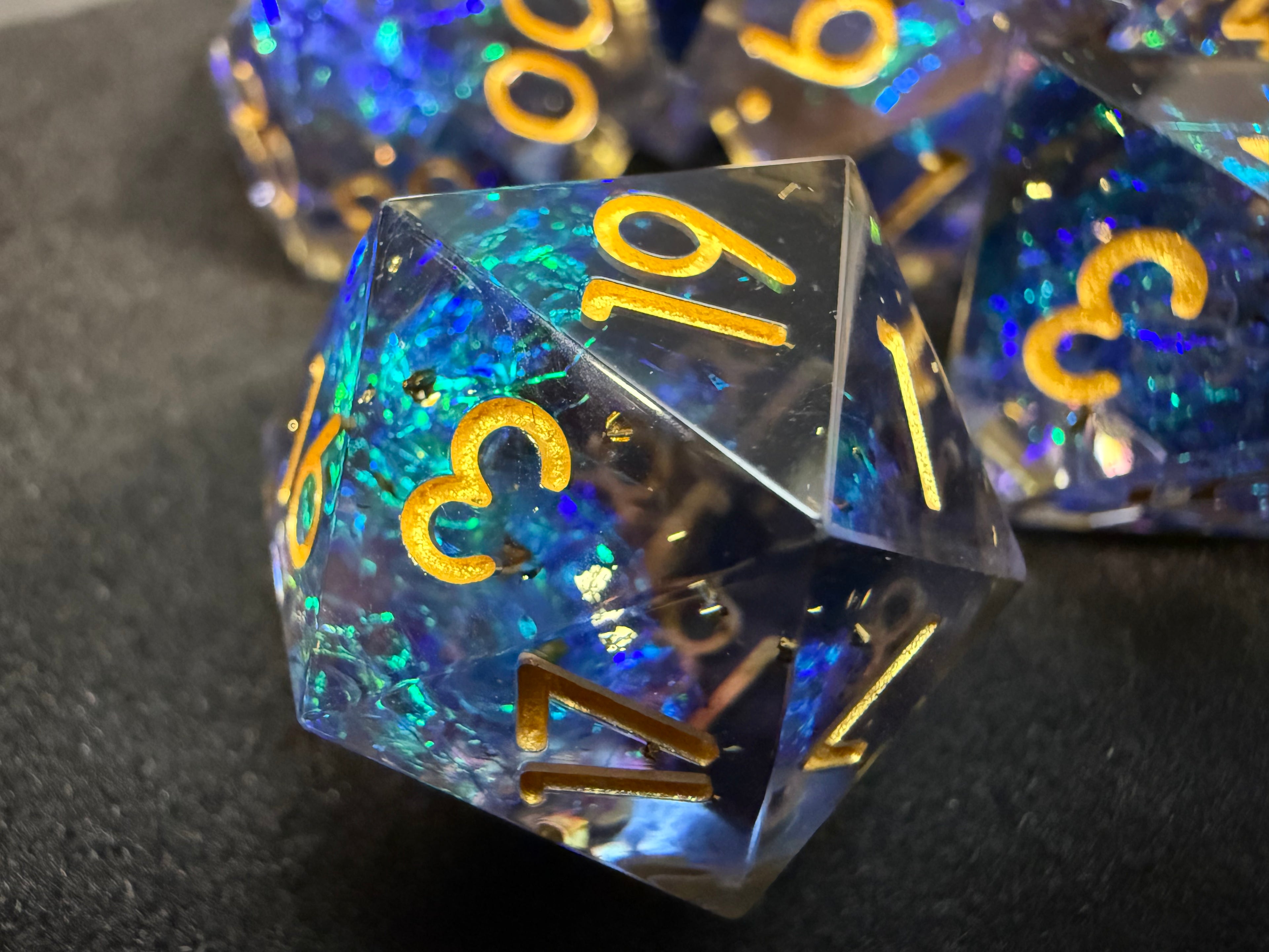 Blue & Gold Sharp Edge Resin Dice Set 7PCS