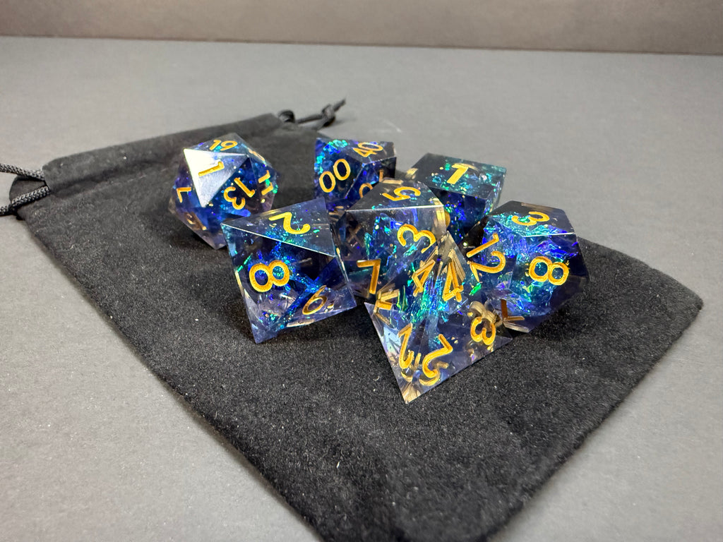 Blue & Gold Sharp Edge Resin Dice Set 7PCS