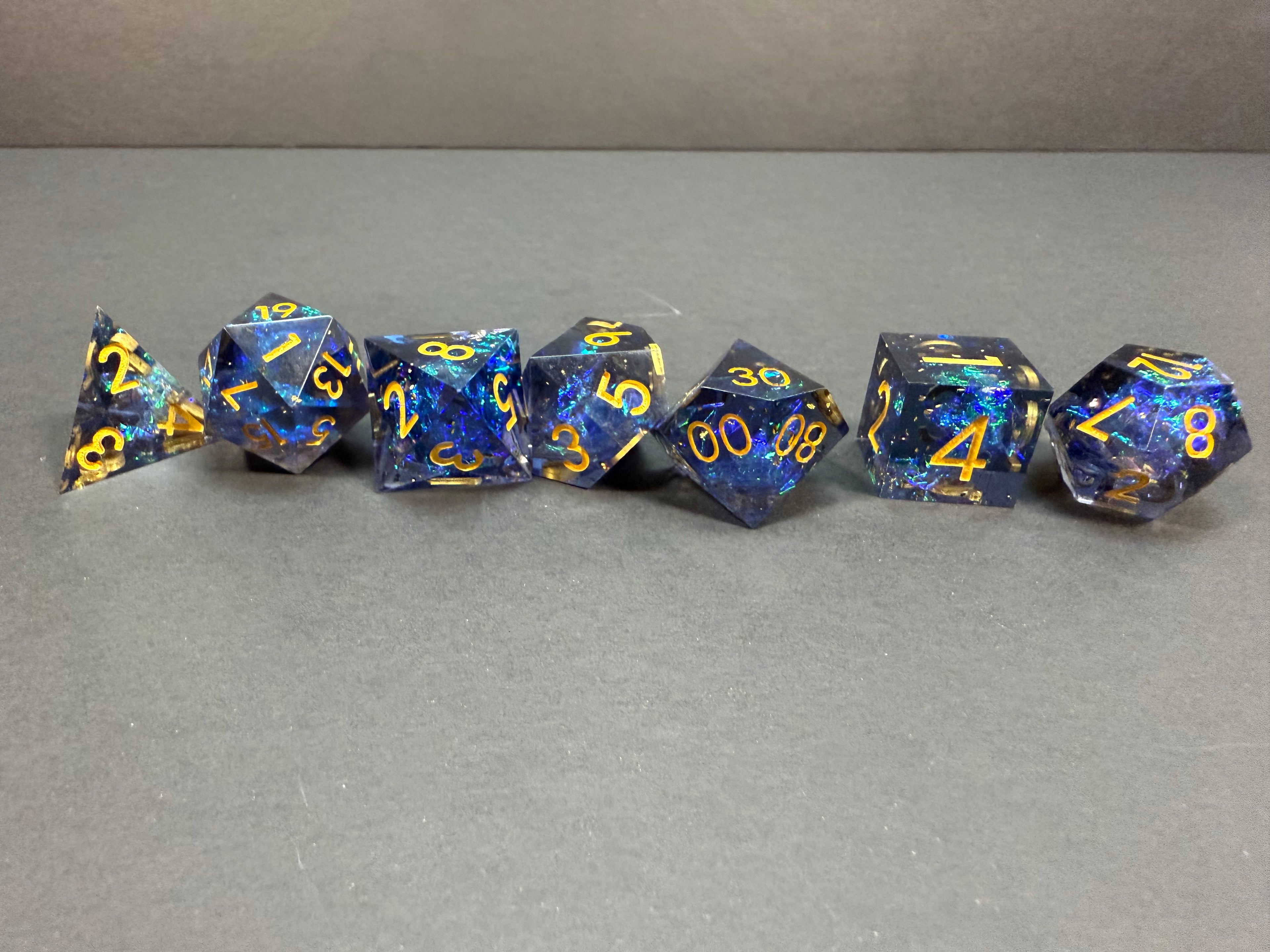 Blue & Gold Sharp Edge Resin Dice Set 7PCS