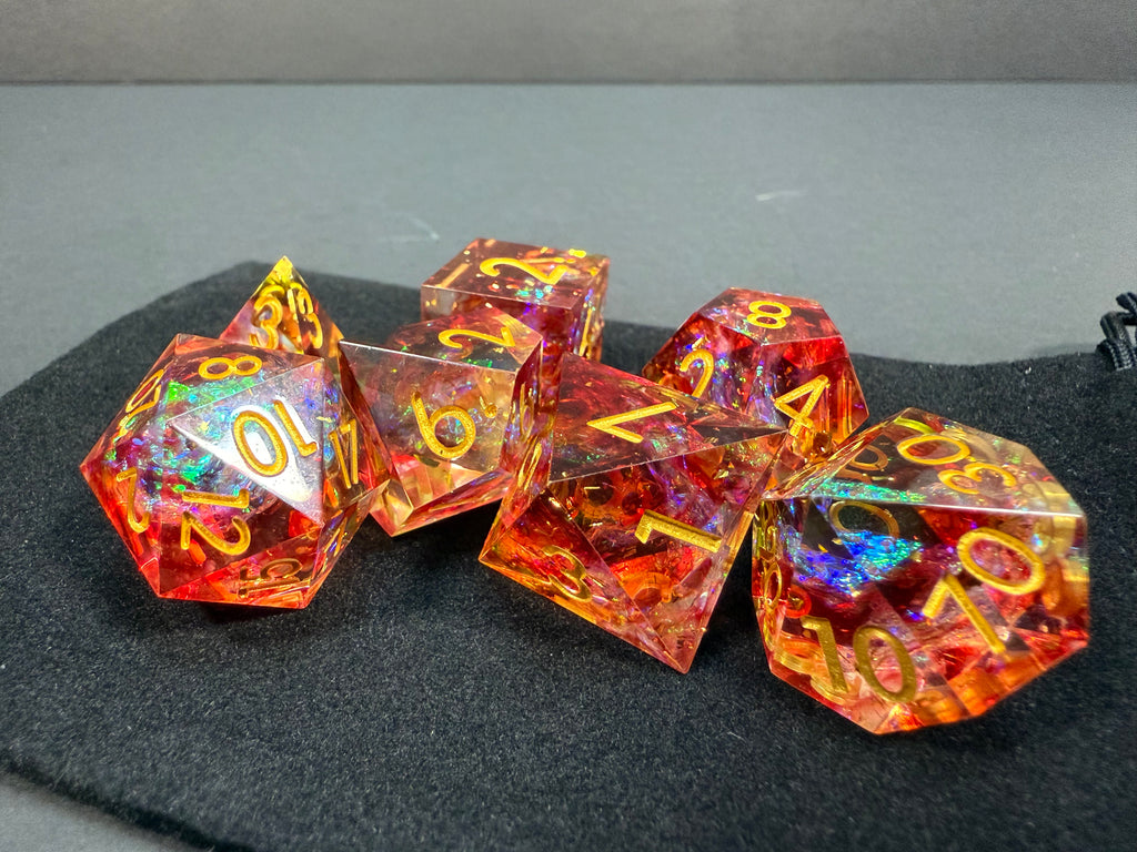 Red & Gold Sharp Edge Resin Dice Set 7PCS