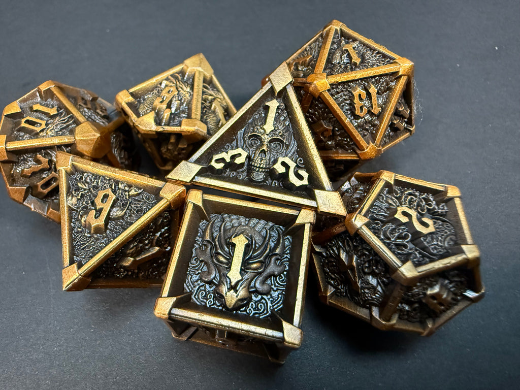 Gold & Black Metal Dragon & Skull Dice Set 7PCS