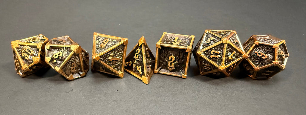 Gold & Black Metal Dragon & Skull Dice Set 7PCS