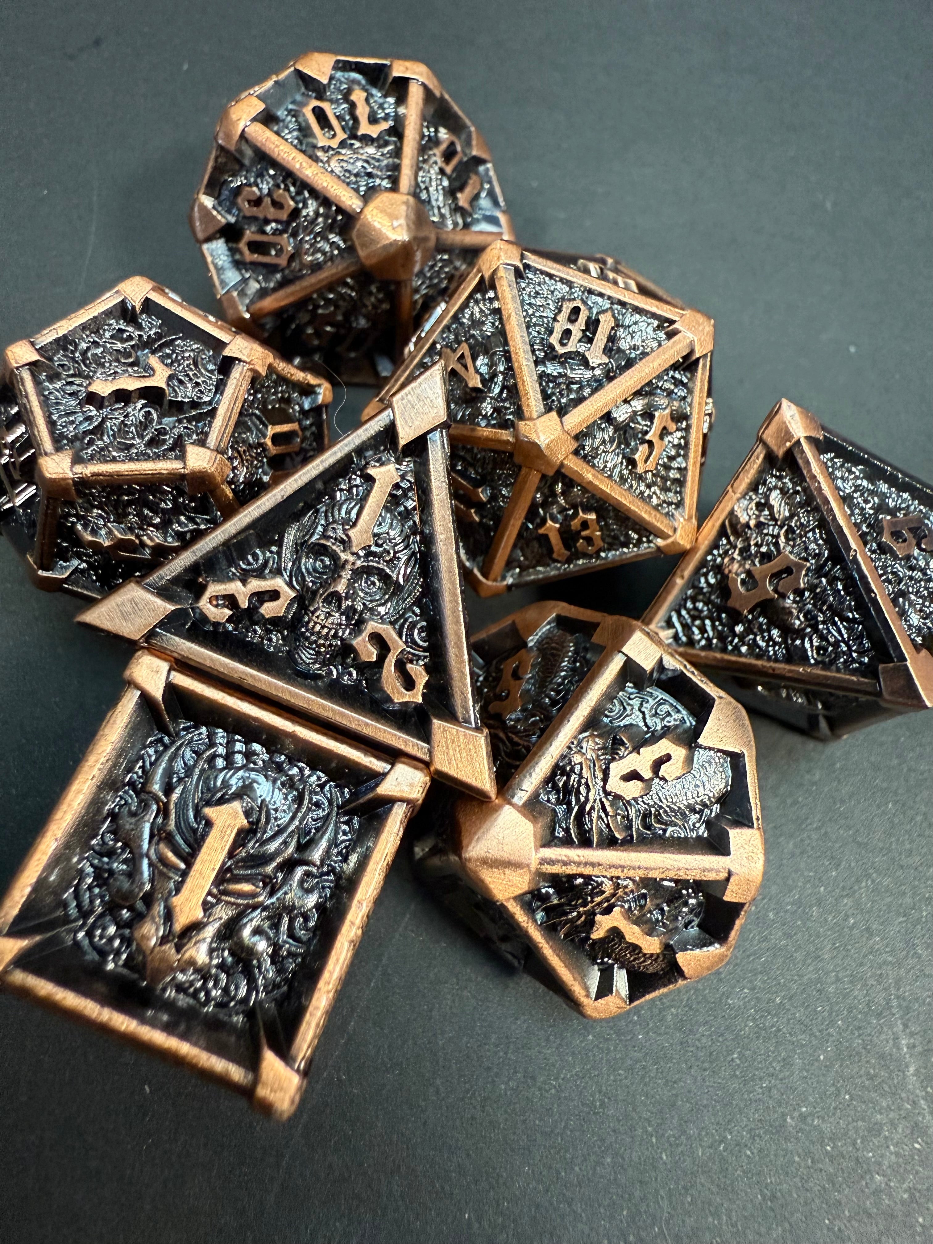 Copper & Black Metal Dragon & Skull Dice Set 7PCS