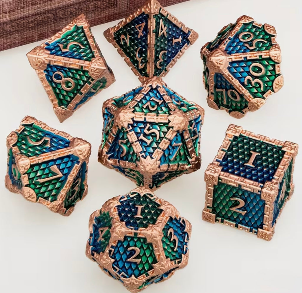 Green-Blue and Gold Metal Dragon Skin Dice Set 7PCS