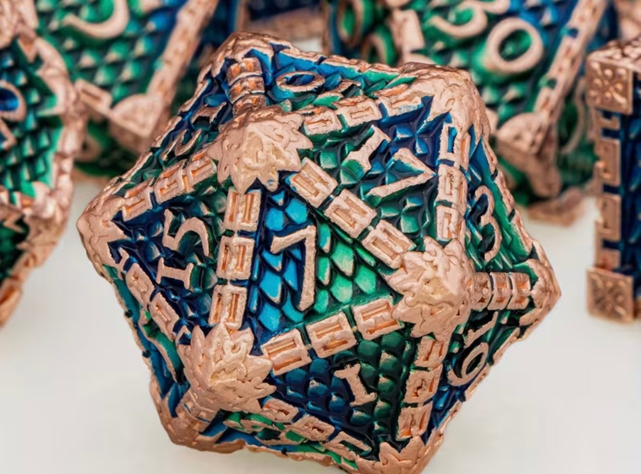 Green-Blue and Gold Metal Dragon Skin Dice Set 7PCS