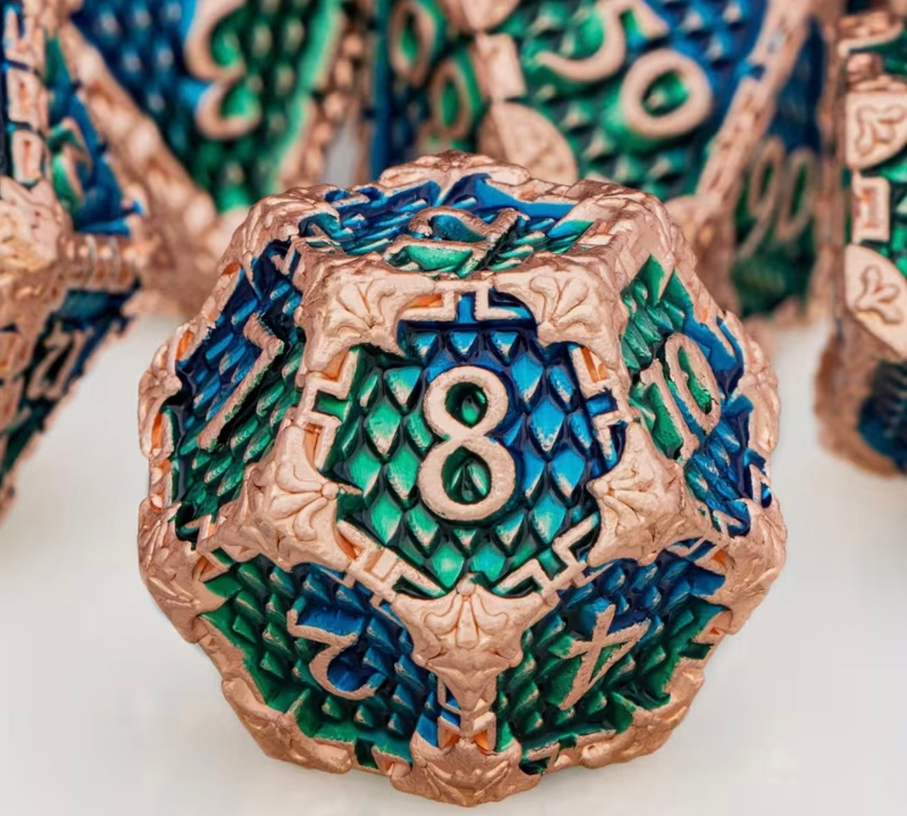 Green-Blue and Gold Metal Dragon Skin Dice Set 7PCS