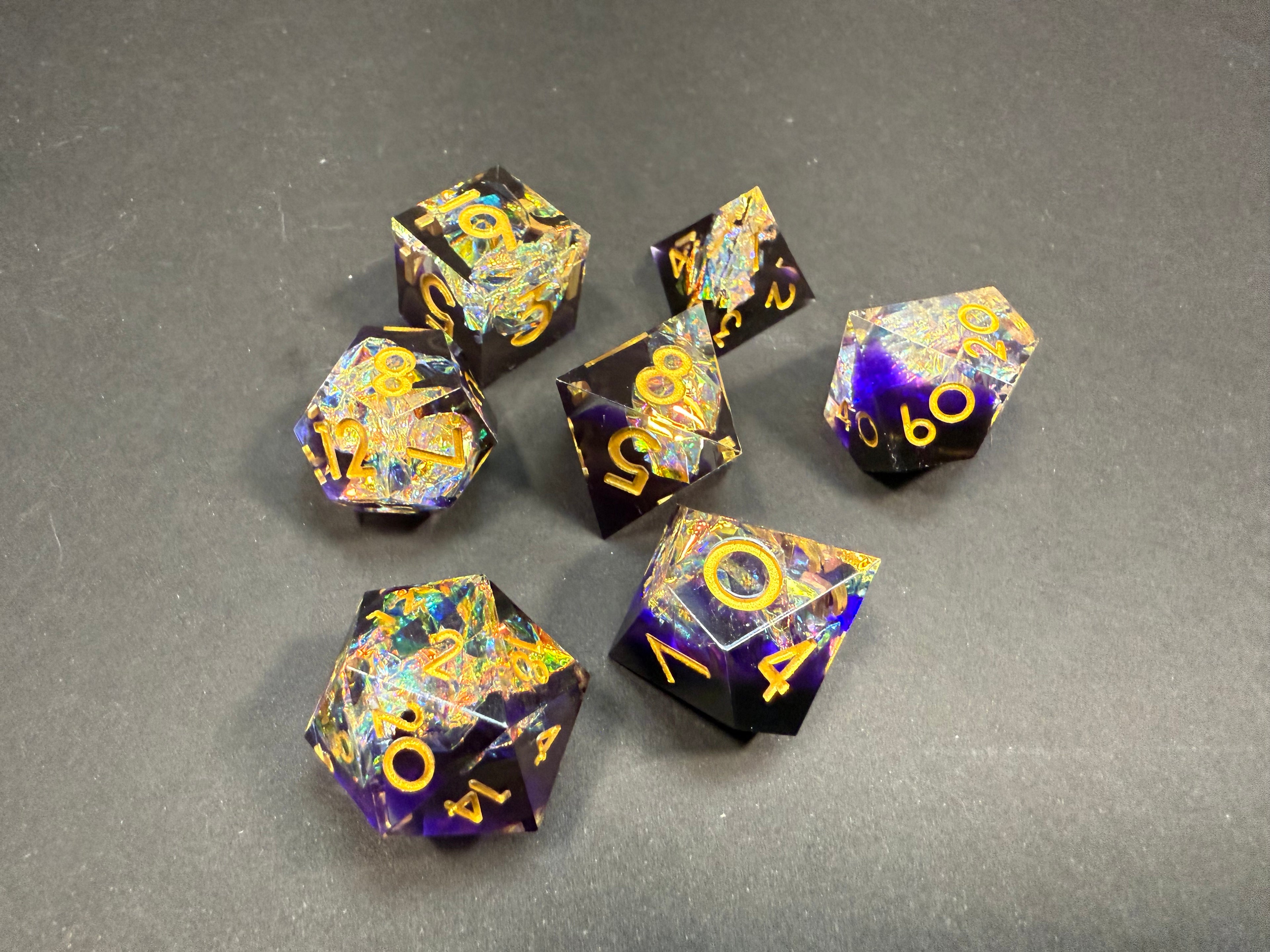 Purple & Gold Sharp Edge Resin Dice Set 7PCS