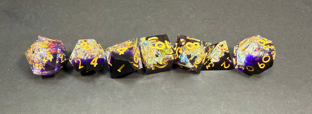 Purple & Gold Sharp Edge Resin Dice Set 7PCS