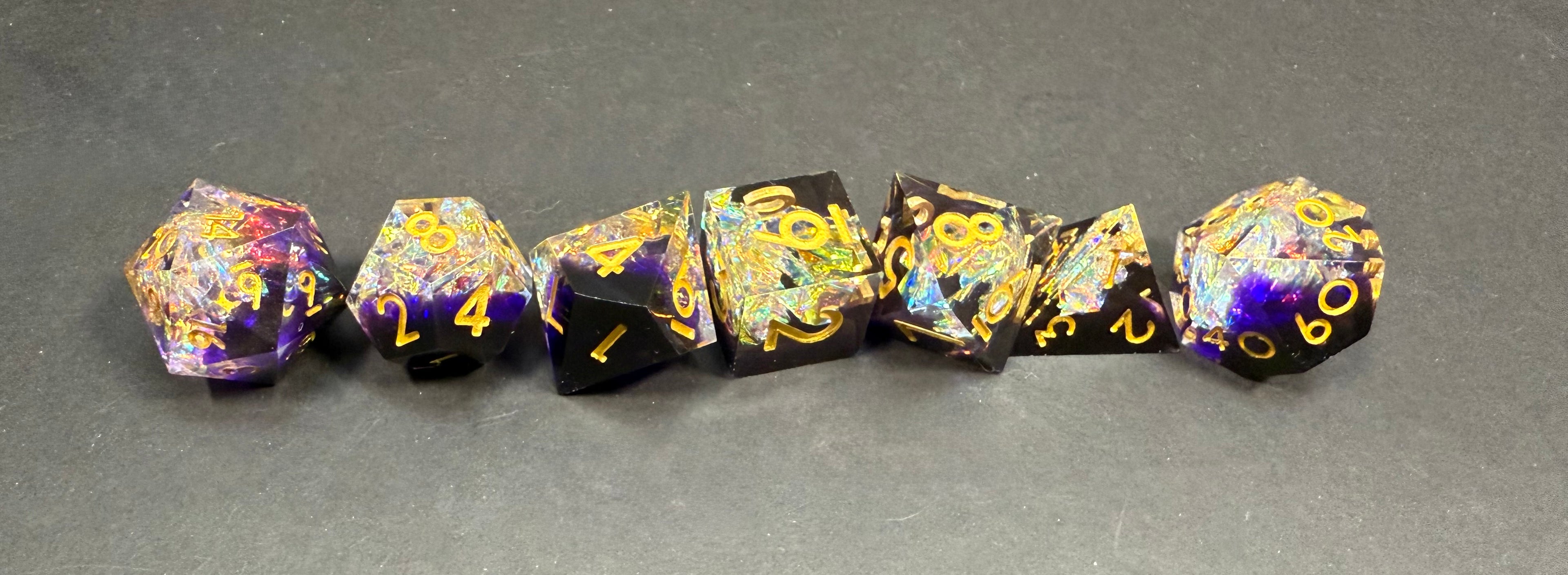 Purple & Gold Sharp Edge Resin Dice Set 7PCS