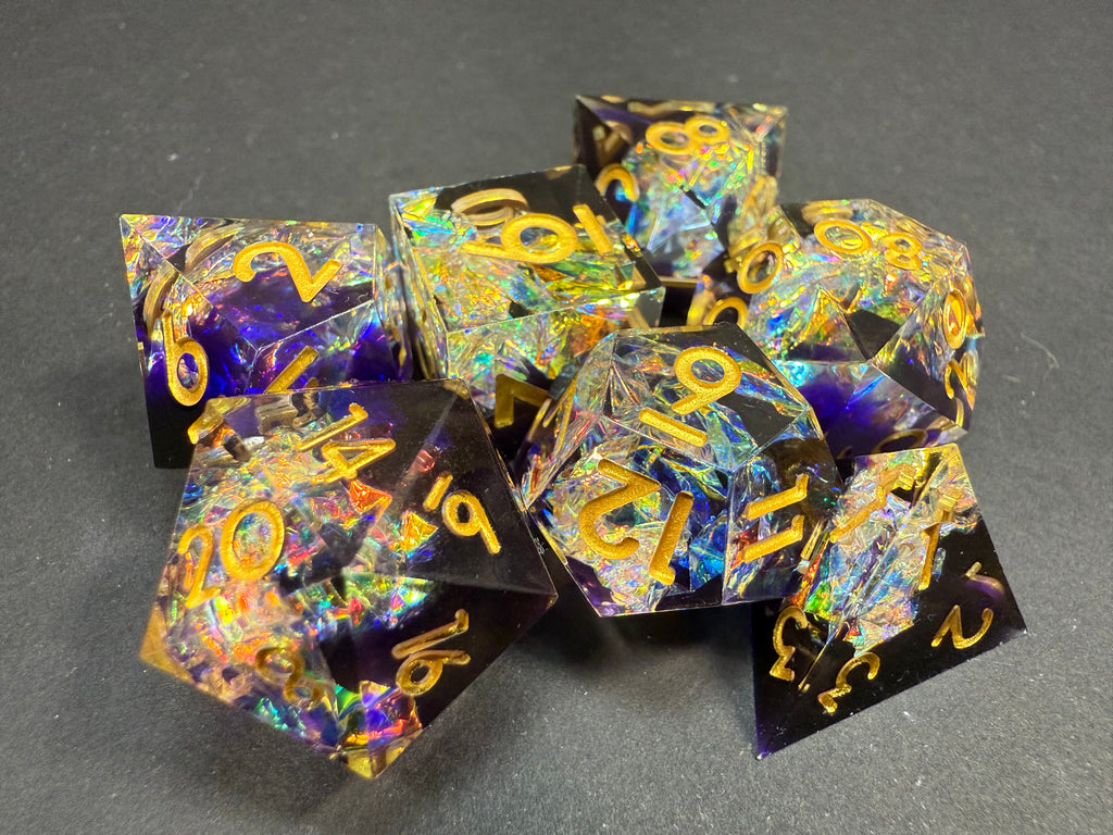 Purple & Gold Sharp Edge Resin Dice Set 7PCS