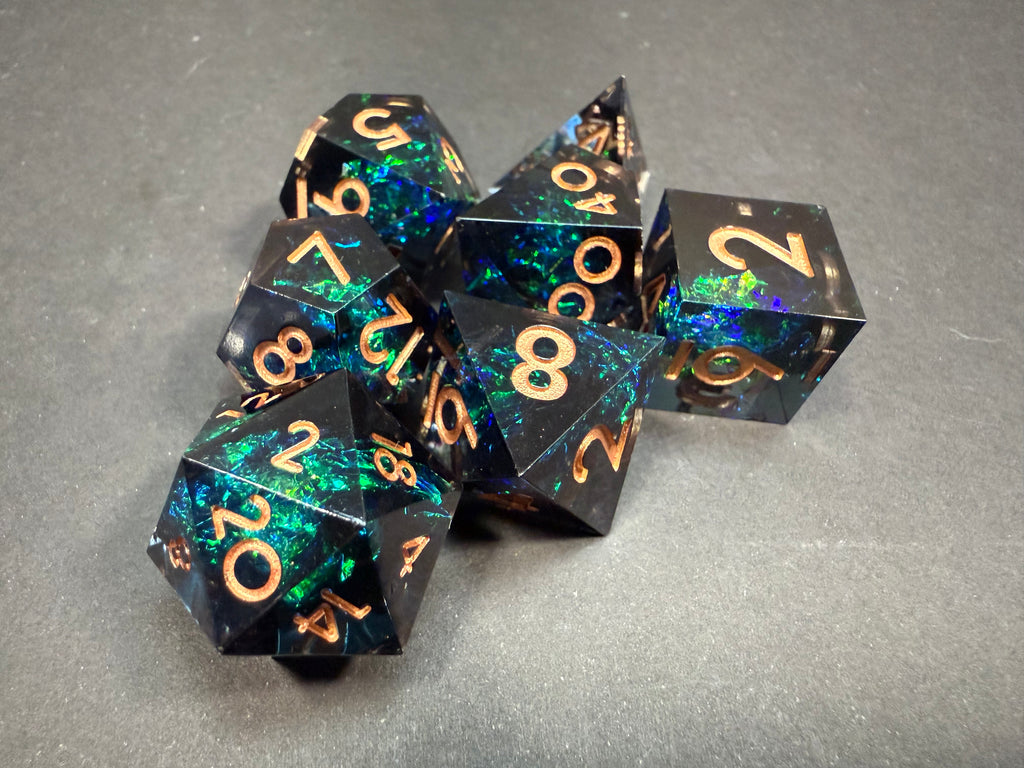 Green-Blue/Black & Gold Sharp Edge Resin Dice Set 7PCS