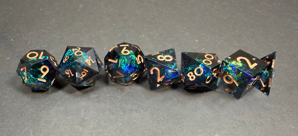 Green-Blue/Black & Gold Sharp Edge Resin Dice Set 7PCS