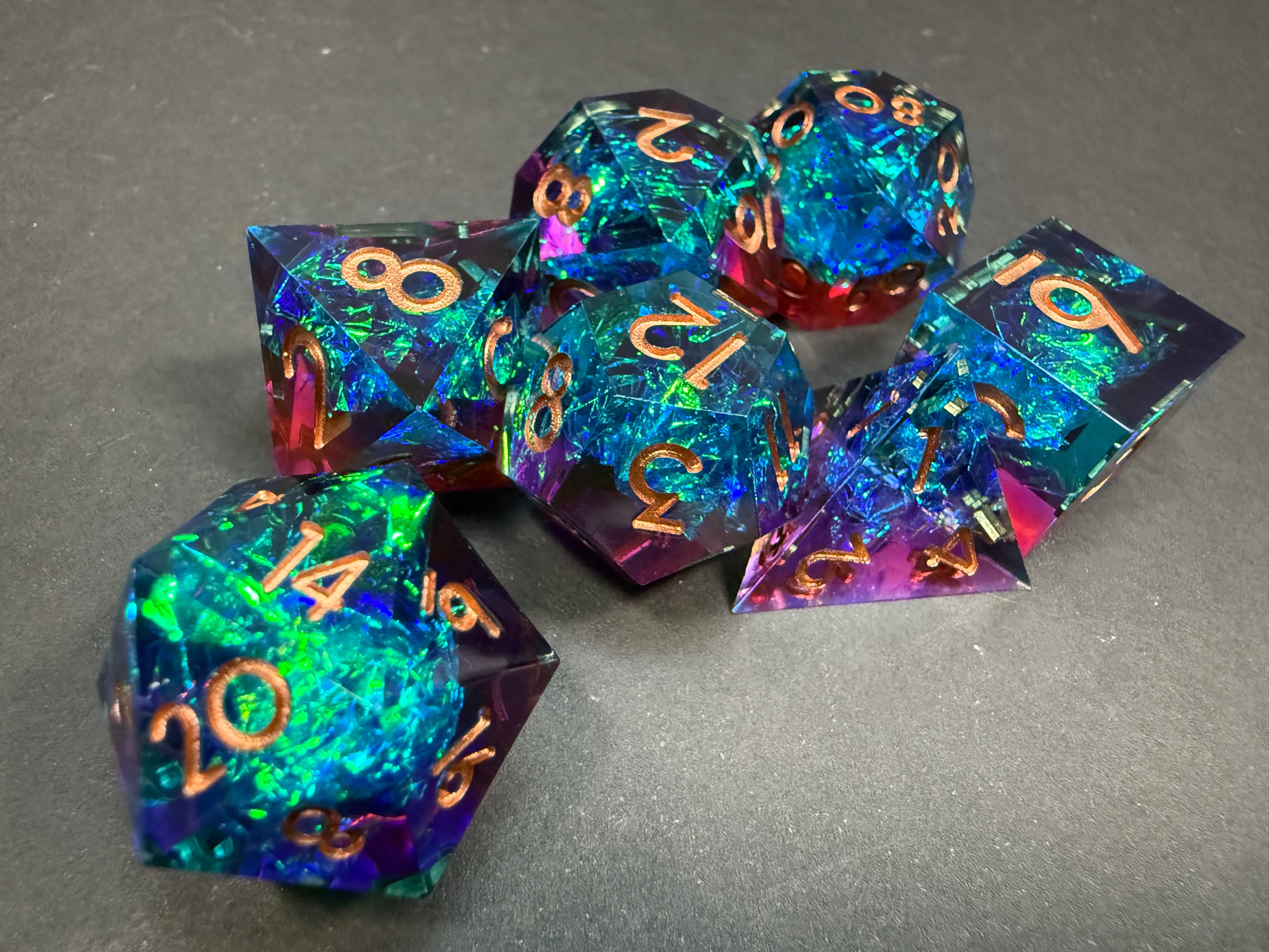 Blue/Pink & Gold Sharp Edge Resin Dice Set 7PCS