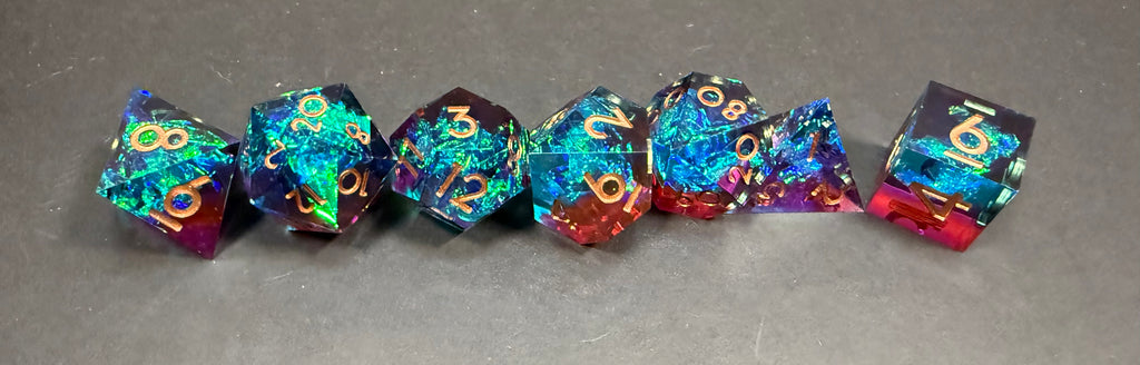 Blue/Pink & Gold Sharp Edge Resin Dice Set 7PCS