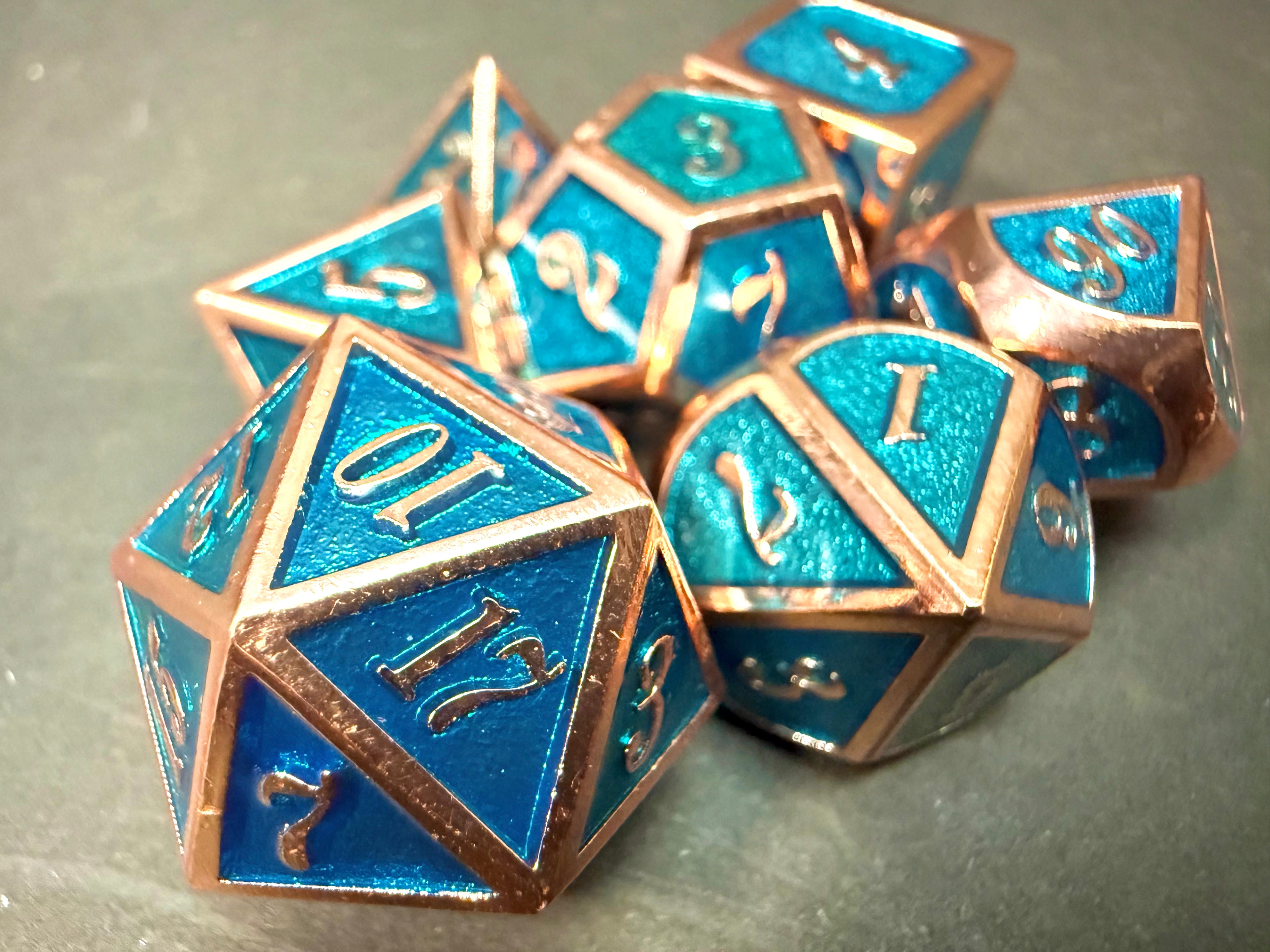 Blue & Copper Solid Metal Dice Set 7PCS