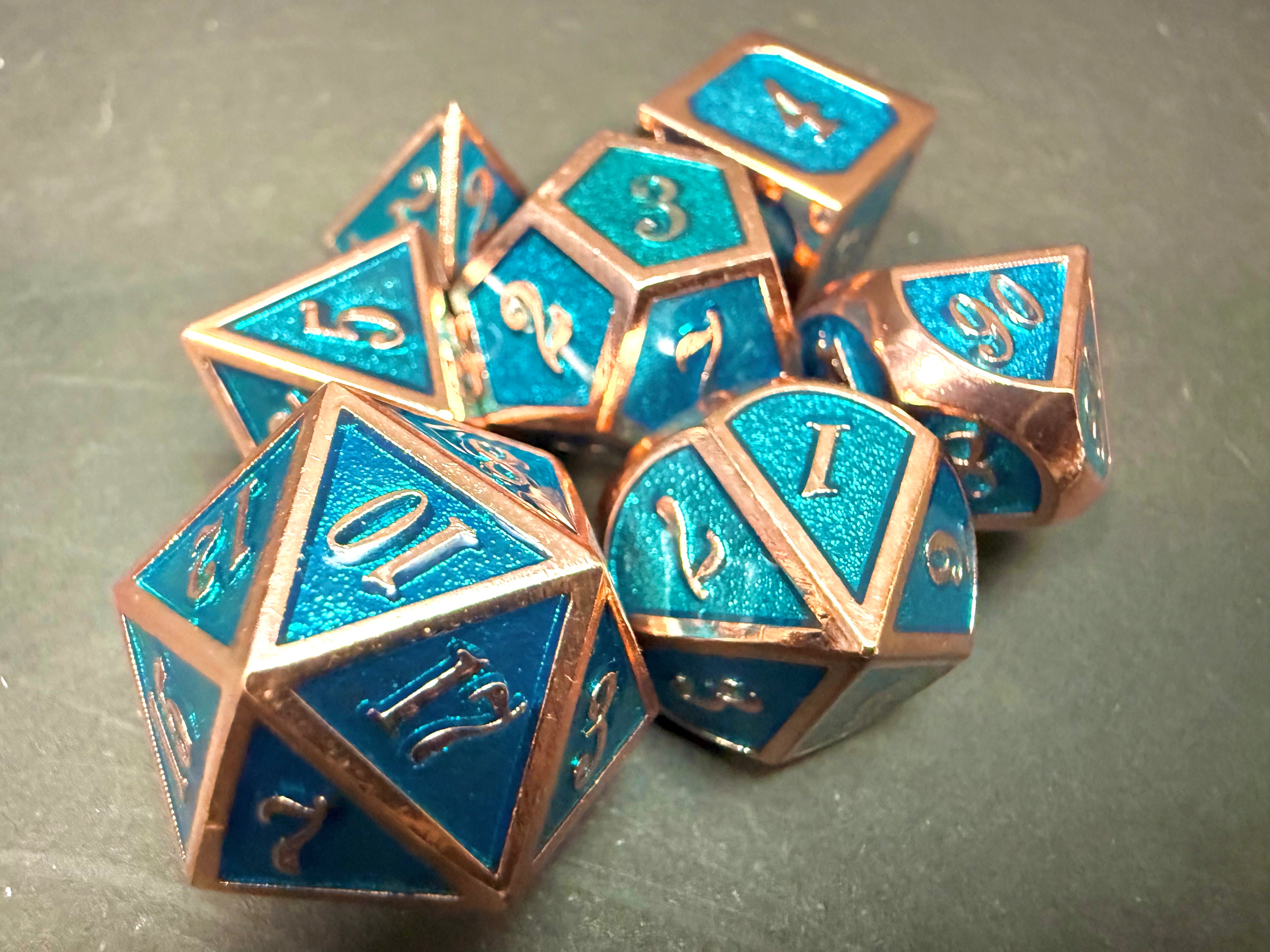 Blue & Copper Solid Metal Dice Set 7PCS