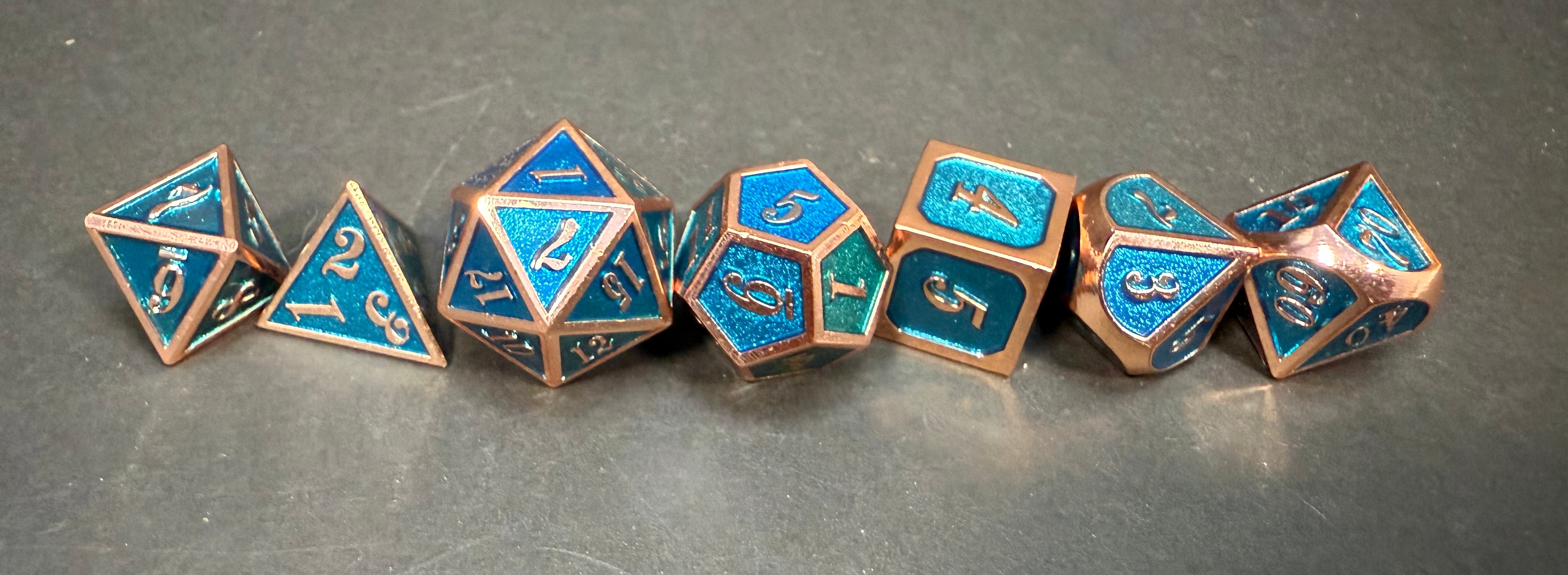 Blue & Copper Solid Metal Dice Set 7PCS