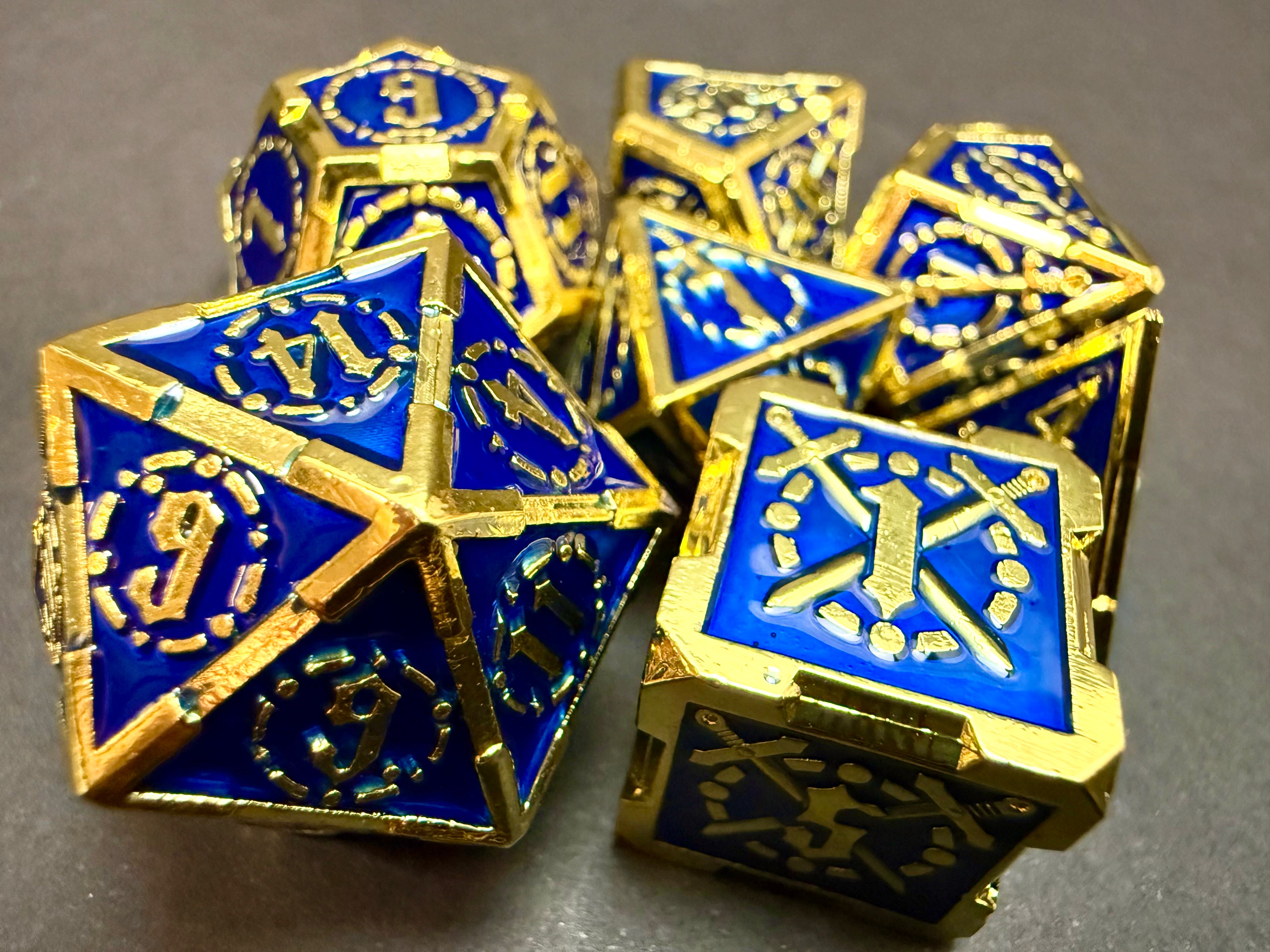Blue & Gold Double Sword Solid Metal Dice Set 7PCS